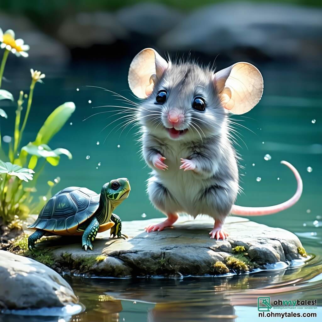 Op de voorgrond staat een kleine muis genaamd Minoes, met een zachte grijze vacht, grote nieuwsgierige ogen en ronde oren, op een steen aan de rand van een prachtig meer. Ze heeft een verwonderde en blije uitdrukking, met haar kleine voorpootjes omhoog alsof ze klaar is om te dansen. Naast haar staat Timo, een wijze schildpad met een groene schild en ondeugende ogen, die langzaam het landschap observeert met een vriendelijke glimlach. Verderop klimt Niko, een ondeugende eekhoorn met rood haar, vrolijk in een boom, terwijl hij een nootje zwaait en enthousiast naar Minoes kijkt. De achtergrond toont een schitterend meer, omringd door kleurrijke bloemen en grote bomen met weelderig loof, onder een blauwe lucht met donzige witte wolken. De scène vangt het moment waarop Minoes en haar vrienden het Verloren Meer ontdekken, een magische plek, terwijl ze zich verwonderen over de schoonheid van het landschap en het avontuur dat hen te wachten staat.