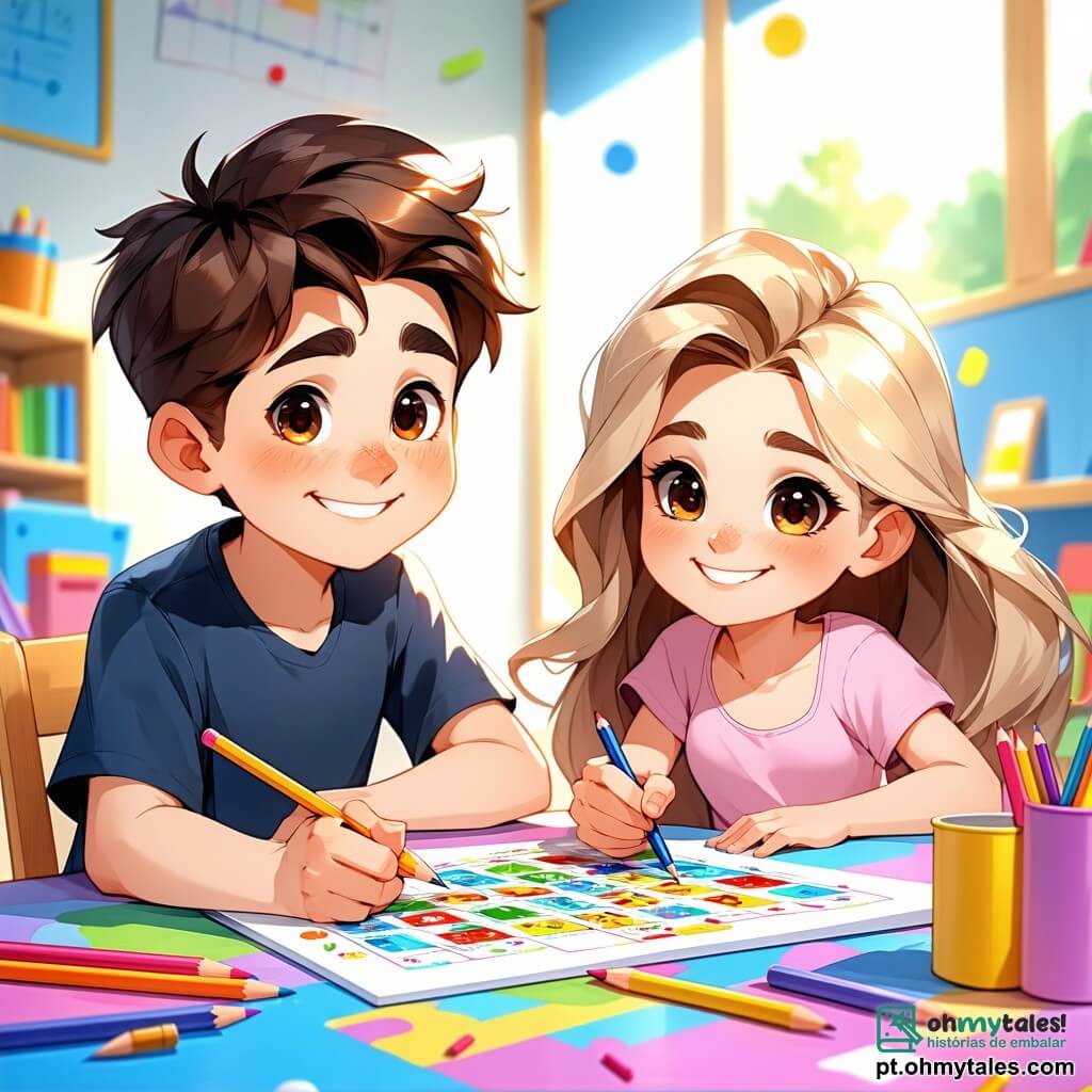 Um menino de 8 anos, Lucas, com cabelos castanhos bagunçados e um grande sorriso, está sentado em uma mesa colorida em uma sala de aula iluminada. Ele tem olhos brilhantes de empolgação e segura um lápis com uma mão, enquanto desenha um tabuleiro de jogo em uma folha de papel. Ao lado dele, sua melhor amiga, Júlia, uma menina de 8 anos com cabelos longos e loiros, usa óculos redondos e sorri alegremente ao mostrar uma ideia para o jogo. Ela está inclinada em direção a Lucas, com as mãos apoiadas na mesa, cheia de entusiasmo. A sala de aula é decorada com pôsteres coloridos sobre matemática e ciências, com janelas que deixam entrar a luz do sol, iluminando os rostos das crianças. As mesas de madeira estão dispostas em círculo, criando uma atmosfera amigável e colaborativa. A cena principal mostra Lucas e Júlia, cercados por seus colegas, criando um jogo de tabuleiro educativo sobre matemática, rindo e compartilhando ideias, enquanto um grande tabuleiro de jogo colorido ganha forma na mesa.