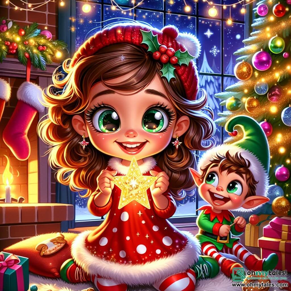 A 6-year-old girl named Emily, with big sparkling eyes and curly brown hair, smiles in wonder while holding a shimmering Christmas star in her hands. She wears a red polka-dot dress and striped socks. Next to her, a mischievous little elf, dressed in a bright green costume with a pointed hat, laughs joyfully, his eyes twinkling with mischief. The scene takes place in a cozy living room, decorated with a large illuminated Christmas tree, colorful garlands, and sparkling ornaments. Snowflakes gently fall outside, visible through a window adorned with fairy lights. Emily and the elf are near the fireplace, where woolen stockings are hung, and Christmas cookies are placed on a plate. The main situation shows Emily discovering the magic of Christmas, full of joy and excitement, as she holds the shining star, lighting up her face with a warm glow.