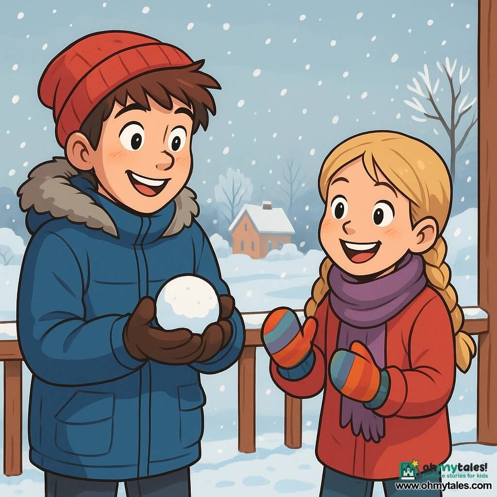 A 12-year-old boy with messy brown hair and rosy cheeks wears a thick blue parka and a red beanie. He smiles in wonder, his eyes sparkling with joy, holding a snowball in his hands. Next to him, his 8-year-old sister, with blonde braids and a big smile, wears a purple scarf and colorful gloves, ready to throw a snowball. They are on a wooden porch covered with a light layer of sparkling snow, with snowflakes gently falling around them. In the background, the landscape is filled with houses with white roofs, bare trees adorned with snow, and a light gray sky hinting at a soft winter light. The scene captures the moment they are about to build a small snowman, surrounded by a joyful and warm atmosphere, full of winter magic.