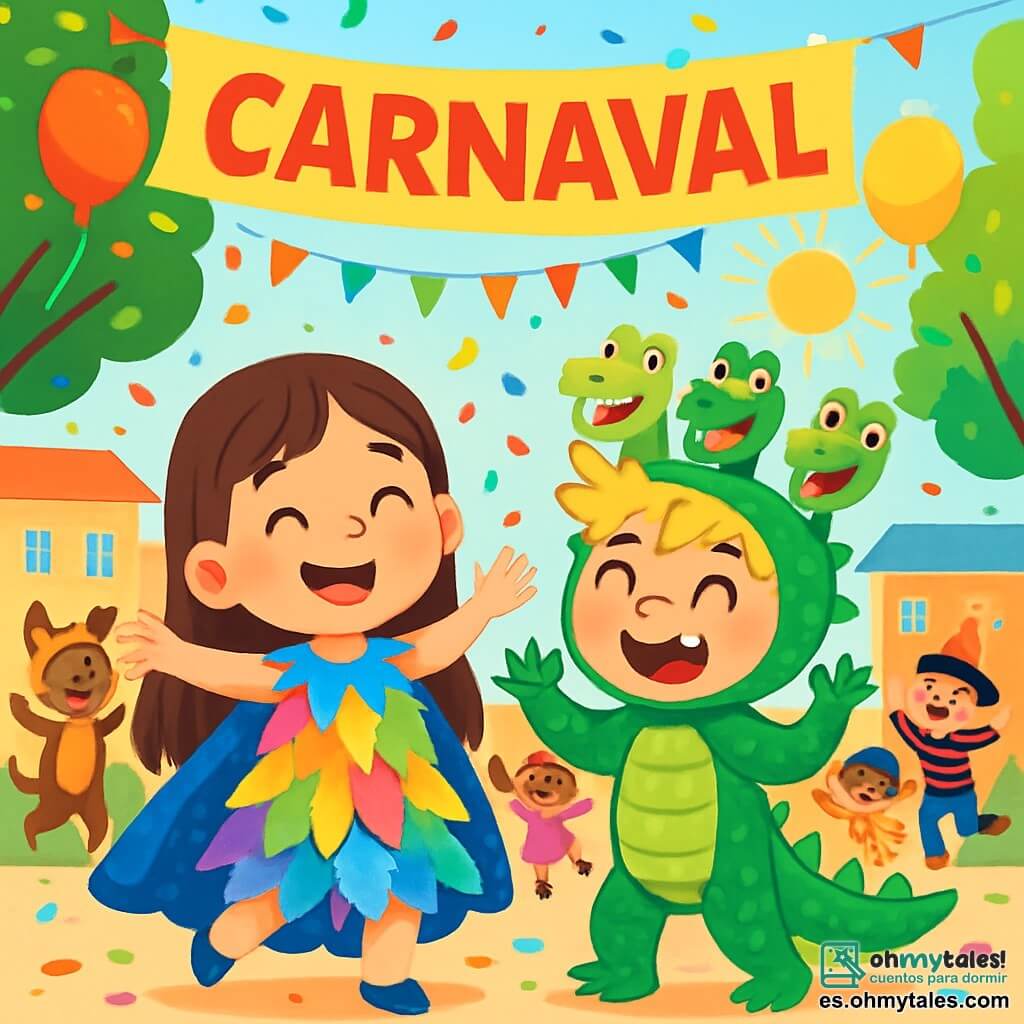 Hay 2 personajes principales: - Martina: una niña de 5 años con largos cabellos castaños, vestida con un vestido brillante adornado con plumas multicolores y una gran capa azul que brilla al sol. Ella está sonriendo, con los brazos abiertos, en el centro de la imagen. - Tomás: un niño de 5 años con cabello rubio despeinado, vestido de dragón verde con escamas brillantes y tres cabezas de cartón en su disfraz. Está al lado de Martina, riendo y mostrando sus garras de dragón. La situación principal se desarrolla en un patio de escuela soleado, decorado con guirnaldas coloridas y globos flotantes. Niños con disfraces variados bailan y juegan alrededor de una gran pancarta que dice "Carnaval". Árboles verdes bordean el patio y los rayos del sol iluminan la escena. Martina y Tomás, rodeados de sus compañeros, están listos para desfilar en el carnaval, saltando de alegría, sus disfraces brillantes reluciendo bajo el sol, mientras confetes de colores vuelan en el aire.
