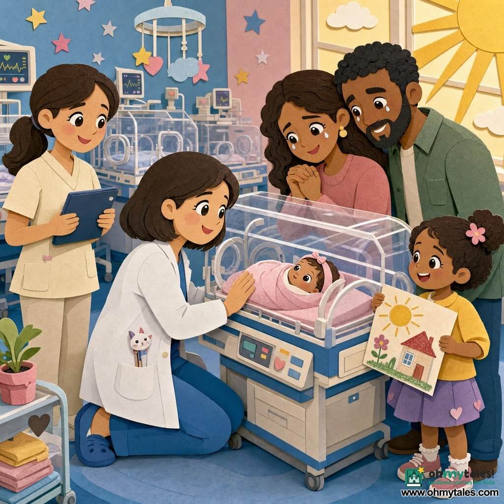 A gentle smiling female doctor with a round face and bright eyes kneels by an incubator, hand on the glass; a nurse with tied-back hair in a cream tunic stands to her left holding a tablet and smiling. Tiny newborn Olivia is swaddled in a pale pink blanket inside the incubator, looking toward the doctor with curious eyes. Olivia’s parents stand close, holding hands, eyes moist and smiling, leaning toward their baby. Sister Mia, about six, proudly holds a colorful drawing of a sun and house beside their father. The bright neonatal ward has rows of clear incubators, star-patterned pink and blue wallpaper, sunlight through large windows, and soft monitors; the morning scene shows the doctor gently guiding the family to touch the incubator, offering smiles and songs, warm and hopeful.