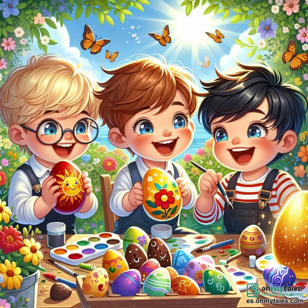 Tres niños alegres están decorando huevos de Pascua. Pablo, un niño de 8 años con cabello castaño y gafas, sostiene un huevo rojo decorado con un sol, sonriendo con orgullo. A su lado, Tomás, un niño de 7 años con cabello rubio y ojos brillantes, muestra su huevo azul en forma de pez, riendo de felicidad. Por último, Luis, un niño de 6 años con cabello negro desordenado, sostiene un huevo amarillo decorado con una flor, saltando de emoción. Están en un jardín soleado, lleno de flores coloridas y árboles verdes. Mariposas vuelan alrededor mientras una gran mesa de madera está cubierta de pinturas y pinceles. En el centro de la escena, los tres amigos descubren un huevo dorado brillante, rodeado de chocolates, que parece ser un tesoro mágico. Se acercan con ojos asombrados, listos para abrir esta sorpresa encantada.