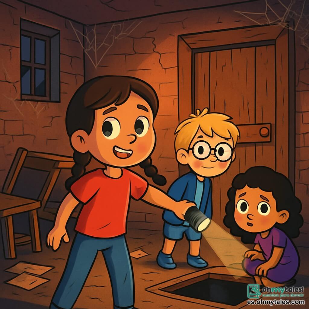 Hay 3 personajes: - Carla: una niña valiente de 7 años, con trenzas de cabello castaño y ojos brillantes. Lleva una camiseta roja y unos jeans. Está frente a la puerta del laboratorio, lista para abrirla. - Tomás: un niño de 7 años, con cabello rubio despeinado y gafas redondas. Lleva una chaqueta azul y un pantalón corto. Está un poco detrás, sosteniendo una linterna que ilumina el camino. - Lucía: una niña de 7 años, con cabello negro y rizado, que lleva un vestido violeta. Está agachada cerca de la trampilla, observando con curiosidad y un poco de preocupación. El lugar es un antiguo laboratorio abandonado, con paredes de ladrillo agrietadas, cubiertas de telarañas. Muebles de madera están volteados y papeles amarillentos están esparcidos por el suelo. Una luz tenue filtra a través de las ventanas rotas, proyectando sombras inquietantes sobre el suelo polvoriento. La situación principal muestra a los tres amigos frente a una puerta de madera desgastada, con una atmósfera misteriosa y ligeramente aterradora. Dudan en entrar, sus rostros reflejando tanto miedo como emoción por la aventura que les espera.