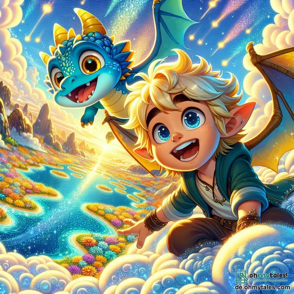 Ein junger Elf namens Elian mit spitzen Ohren und goldenem Haar, das im Wind weht, lächelt voller Staunen, während er auf einem Teppich aus flauschigen Wolken fliegt. Seine Augen strahlen vor Aufregung und Neugier, und er streckt die Hand nach einer wunderschönen, bunten Lagune aus, deren Wasser wie Diamanten funkelt. An seiner Seite sitzt ein kleiner Drache namens Luma mit leuchtend blauen Schuppen und großen runden Augen, der begeistert mit den Flügeln schlägt. Er sitzt am Rand der Wolke, bereit, ins Abenteuer zu tauchen, und sein Gesicht strahlt ansteckende Freude aus. Die Szenerie zeigt einen strahlenden Himmel, durchzogen von flauschigen Wolken und goldenen Sonnenstrahlen, während darunter eine magische Lagune mit lebendigen Farben erblüht, umgeben von leuchtenden Blumen und funkelnden Steinen. Die Hauptsituation zeigt Elian und Luma, vereint durch ihre Freundschaft, bereit, gemeinsam in die magische Lagune zu tauchen und die Wunder zu entdecken, die sie in diesem fantastischen Reich erwarten.