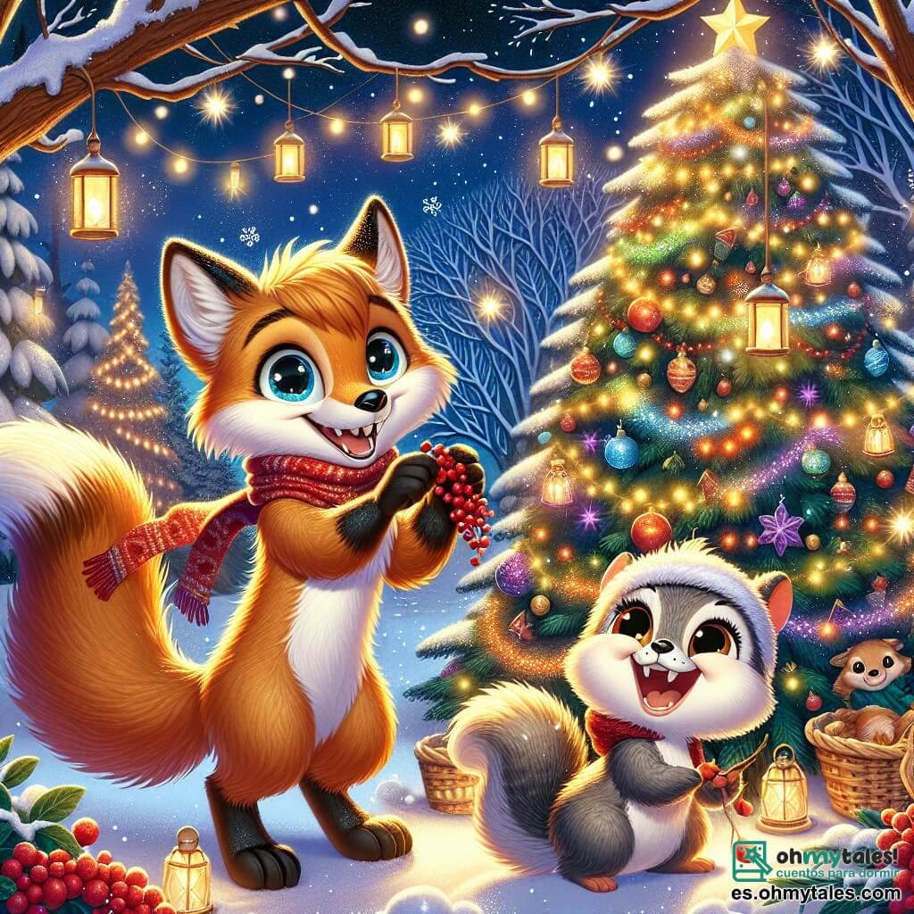 Rufián, un zorro de pelaje dorado y ojos brillantes, está en el centro de la escena, sonriendo con asombro mientras decora un gran árbol de Navidad con guirnaldas coloridas y estrellas brillantes. A su lado, Chispa, una pequeña ardilla de cola esponjosa y ojos traviesos, le ayuda alegremente sosteniendo una guirnalda de bayas rojas, riendo con entusiasmo. El decorado es un jardín de ensueño, cubierto de un suave manto de nieve brillante, iluminado por farolitos colgados de las ramas, mientras copos de nieve caen suavemente del cielo estrellado. La escena captura la magia de la preparación de una fiesta navideña, con los animales del bosque reunidos alrededor del árbol, compartiendo risas y alegría en una atmósfera cálida y festiva.