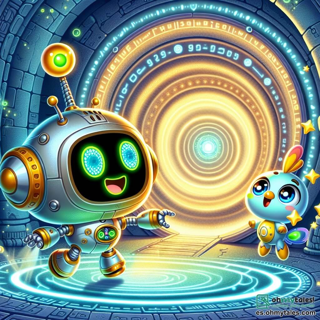 El personaje principal, Bubbles, es un robot alegre con una esfera brillante en su pecho que pulsa en verde. Tiene un cuerpo metálico de formas redondeadas, ojos expresivos y una gran sonrisa, y baila con entusiasmo en el centro de un círculo luminoso, listo para entrar en un portal temporal. A su lado, Zippy, un pequeño robot volador con alas coloridas, parece emocionado, sus ojos brillan de curiosidad. Flota ligeramente sobre el suelo, preparado para lanzarse a la aventura. Sparky, un pequeño dragón chispeante, también está presente, sus escamas brillan como estrellas. Salta en su lugar, lanzando chispas de alegría mientras mira el portal con asombro. El lugar es una caverna misteriosa, con paredes brillantes adornadas con inscripciones luminosas en azul, y en el centro, un gran círculo vibrante de luz dorada que parece pulsar con energía mágica. La situación principal muestra a Bubbles, Zippy y Sparky, de la mano, listos para saltar en el portal temporal, rodeados de una aura de luz brillante, simbolizando su viaje hacia aventuras extraordinarias a través del tiempo.