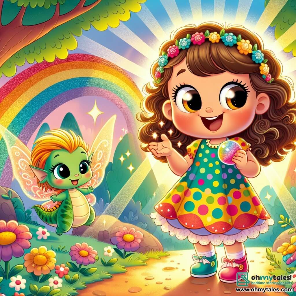 A 2-year-old girl with big bright eyes and curly hair is wearing a colorful polka-dot dress and has a big smile on her face. She holds a small sparkling pebble in her hand, gazing in wonder at a joyful fairy floating beside her. The fairy, small and luminous, has sparkling wings and golden hair, laughing as she waves her magic wand, surrounded by tiny sparkles. A friendly dragon with green scales and gentle eyes stands a bit further away, smiling at the scene. The setting is the rainbow forest, where brightly colored trees softly sing and flowers dance to the rhythm of the wind. Sun rays filter through the leaves, creating a magical and warm atmosphere. The main situation shows the little girl and the fairy getting ready to help the dragon find his lost kite, with expressions of determination and excitement on their faces.