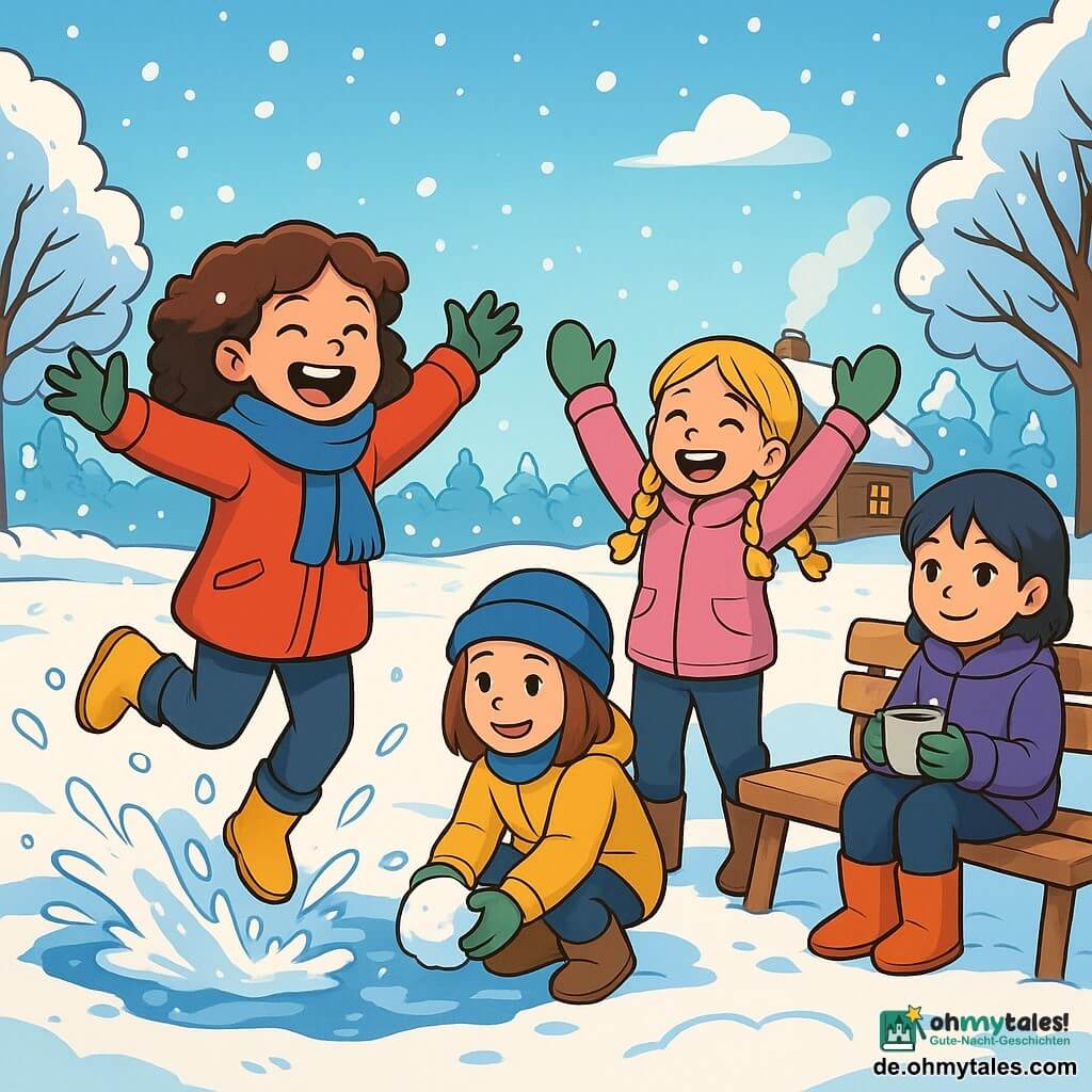 Es gibt 4 Kinder: - Lina: ein 8-jähriges Mädchen mit braunen, lockigen Haaren, das einen leuchtend roten Mantel und einen blauen Schal trägt. Sie springt fröhlich in einer großen Schneepfütze und spritzt Schneeflocken um sich herum. - Mia: ein 9-jähriges Mädchen mit geflochtenen blonden Haaren, gekleidet in einer rosa Parka und grünen Handschuhen. Sie steht neben Lina, lacht und hebt die Arme in die Luft. - Nele: ein 8-jähriges Mädchen mit glatten, kastanienbraunen Haaren, das eine blaue Mütze und einen gelben Mantel trägt. Sie hockt und sammelt Schnee, um einen Schneeball zu machen. - Sara: ein 9-jähriges Mädchen mit kurzen, schwarzen Haaren, gekleidet in einer lila Daunenjacke und orangefarbenen Stiefeln. Sie sitzt auf einer Holzbank, hält eine Tasse heißen Schokolades und beobachtet ihre Freundinnen mit einem Lächeln. Die Szene spielt in einem Winterpark, wo der Boden mit einer dicken Schicht glitzernden Schnees bedeckt ist, der unter der Wintersonne leuchtet. Bäume mit schneebedeckten Ästen umgeben den Park, und sanfte Schneeflocken fallen vom hellblauen Himmel. In der Ferne sieht man eine kleine Holzhütte mit Rauch, der aus dem Schornstein aufsteigt. Die Hauptsituation zeigt die Kinder, die zusammen spielen, während Lina den Schnee spritzt, Nele einen Schneeball vorbereitet und Mia und Sara fröhlich lachen, was eine Atmosphäre von Glück und Freundschaft im Winter schafft.