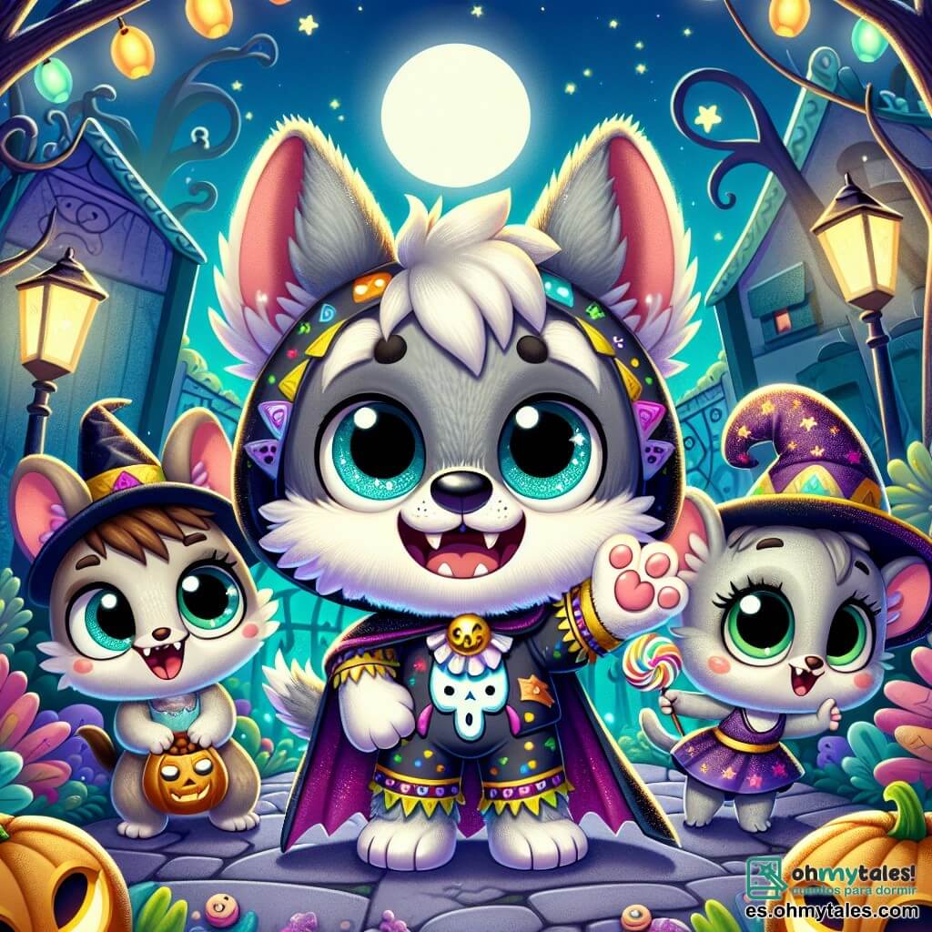Un pequeño lobo llamado Lucho, con un suave pelaje gris y ojos brillantes de curiosidad, se encuentra en el centro de la imagen, vestido con un disfraz de monstruo de peluche, con una capa colorida y colmillos de cartón. Muestra una gran sonrisa de emoción, con los brazos levantados, como si hubiera descubierto un tesoro. A su derecha, Tino, un pequeño ratón de pelaje marrón y grandes orejas, está disfrazado de vampiro, con una capa negra y dientes blancos brillantes. Parece maravillado, con los ojos muy abiertos, mientras sostiene una pequeña bolsa llena de caramelos. A la izquierda, Clara, una gata gris con ojos verdes brillantes, lleva un vestido de bruja adornado con estrellas brillantes. Sonríe alegremente, sosteniendo una varita mágica, lista para lanzar un hechizo. El escenario es un jardín misterioso, lleno de plantas retorcidas y calaveras decorativas, bajo un cielo nocturno estrellado. Luces de colores brillan alrededor de las casas, y sombras bailan en las paredes. La situación principal muestra a Lucho y sus amigos descubriendo un antiguo disfraz de mago en un viejo cobertizo, rodeados de caramelos que caen del cielo, creando una atmósfera mágica y festiva de Halloween.