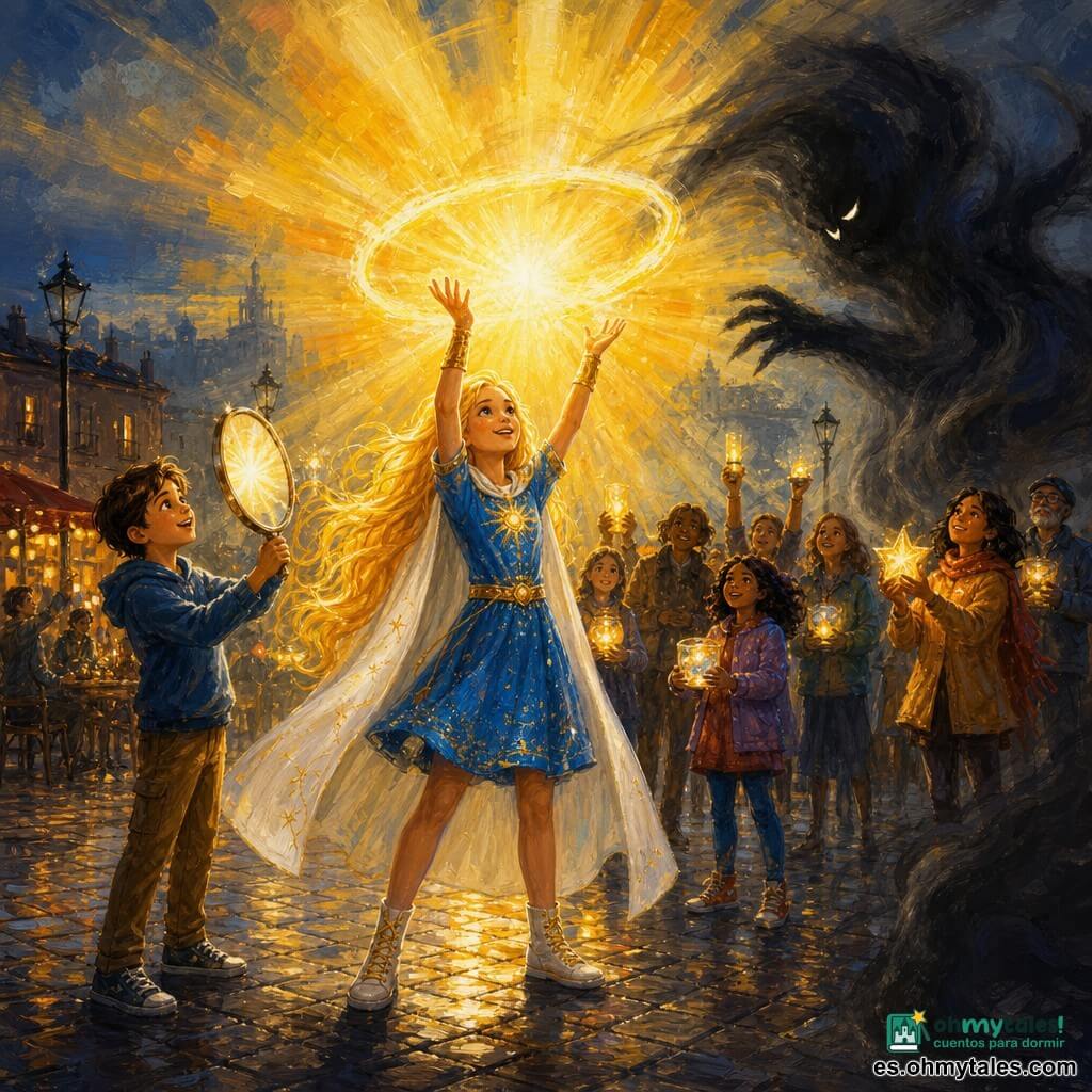 Una heroína luminosa y sonriente de cabello largo dorado que brilla como hilos de sol, con capa blanca y vestido azul centelleante, alza las manos enviando un halo de luz ámbar hacia el cielo; a la izquierda hay un niño de 10 años de cabello castaño corto y rostro maravillado que sostiene un pequeño espejo que refleja la luz; al fondo, habitantes mixtos en siluetas coloridas con objetos brillantes sonriendo; la plaza central de la ciudad llamada Oscuridad tiene adoquines grises húmedos, fachadas bajas cubiertas de bruma suave, farolas apagadas y un café con ventanas cálidas que proyecta destellos anaranjados; escena principal: confrontación luminosa en la que la heroína combate una gran sombra ahumada negra de bordes difusos, la luz irradia en rayos nítidos y colores cálidos con alto contraste entre zonas oscuras y estallidos luminosos; estilo: pintura acrílica viva con pinceladas visibles, paleta cálida (amarillo, naranja, azul profundo) y atmósfera de esperanza y coraje.