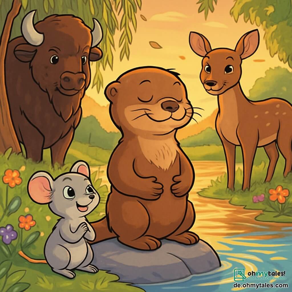 Ein junger Otter namens Nilo mit einem weichen, glänzenden braunen Fell steht auf einem Felsen am Ufer eines glitzernden Flusses. Er hat einen friedlichen und gelassenen Blick, seine Augen strahlen sanft, während er tief atmet, die Pfoten auf seinem Bauch. Neben ihm beobachtet seine kleine Schwester Tami, eine graue Maus mit großen neugierigen Augen, ihn bewundernd, ihr Gesicht strahlt Freude und Bewunderung aus. Im Hintergrund stehen ihre Eltern, ein majestätischer Bison und eine sanfte Reh, lächelnd und liebevoll, was eine warme und familiäre Atmosphäre schafft. Der Ort ist eine bezaubernde Landschaft, beleuchtet vom goldenen Licht des Sonnenuntergangs, mit Weidenbäumen und bunten Blumen am Fluss. Die Wasseroberfläche spiegelt die Farben des Himmels wider und schafft ein beruhigendes Bild. Die Hauptsituation zeigt Nilo, der Tami beibringt, wie man tief atmet, indem er die Bewegung der Wellen des Flusses imitiert, während eine sanfte Brise die Blätter um sie herum tanzen lässt und ein Gefühl von Ruhe und Gelassenheit vermittelt.