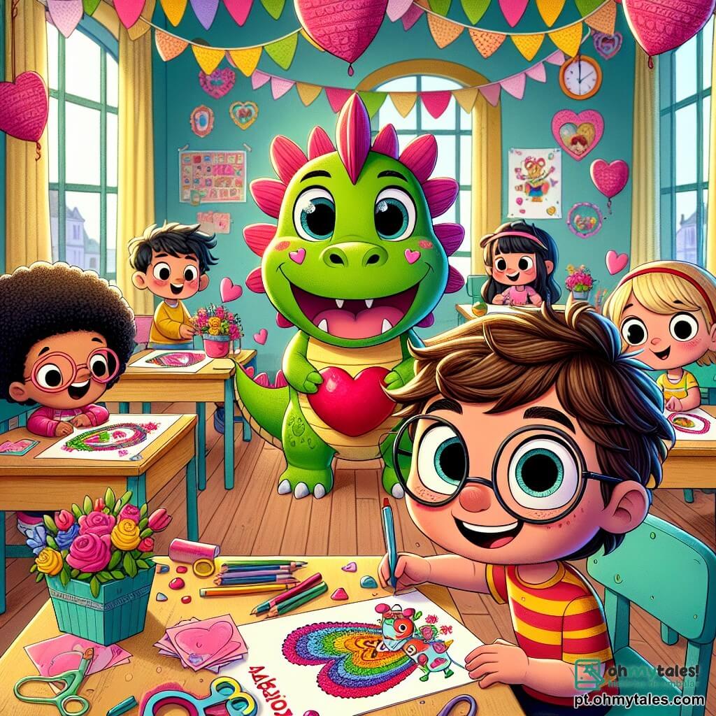 Em uma sala de aula colorida, três meninos estão criando cartões para o Dia dos Namorados. Miguel, um menino de 8 anos com cabelo castanho bagunçado e óculos redondos, está no centro, concentrado em seu desenho de um grande dragão sorridente com um coração no peito. À sua esquerda, Pedro, um menino de 9 anos com cabelo loiro e olhos brilhantes, desenha um robô dançante com flores, sorrindo. À direita, Lucas, um menino de 8 anos com cabelo preto e um boné vermelho, segura uma tesoura e ajuda a recortar formas coloridas para os cartões. A sala está decorada com guirlandas de papel, balões coloridos e desenhos nas paredes, criando uma atmosfera alegre e festiva. Ao fundo, um grupo de meninas, incluindo Ana, uma menina de 9 anos com cabelo longo e cacheado, se aproxima com cartões que também criaram, aumentando a empolgação. A cena mostra as crianças unidas em um momento de criatividade, rindo e compartilhando ideias, ilustrando o espírito do Dia dos Namorados focado na amizade e camaradagem.
