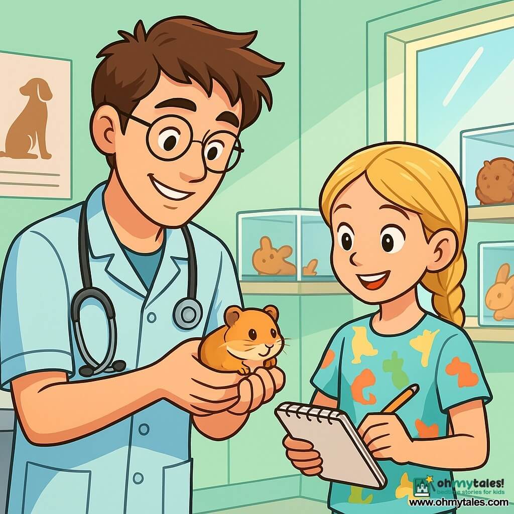 A male veterinarian in his thirties, with messy brown hair and round glasses, smiles warmly while examining a small hamster in his hands. His eyes sparkle with kindness and focus. Next to him, a 10-year-old girl with braided blonde hair watches in awe, holding a notebook. She wears a colorful t-shirt with animal patterns and seems eager to learn. The scene takes place in a bright veterinary clinic with pastel green walls and animal posters. Transparent cages with curious animals are arranged on shelves, and a large window lets in sunlight, illuminating the space. The veterinarian carefully examines the hamster, which has bright eyes and soft fur, while the girl takes notes with a big smile, fascinated by the care given to the animal.