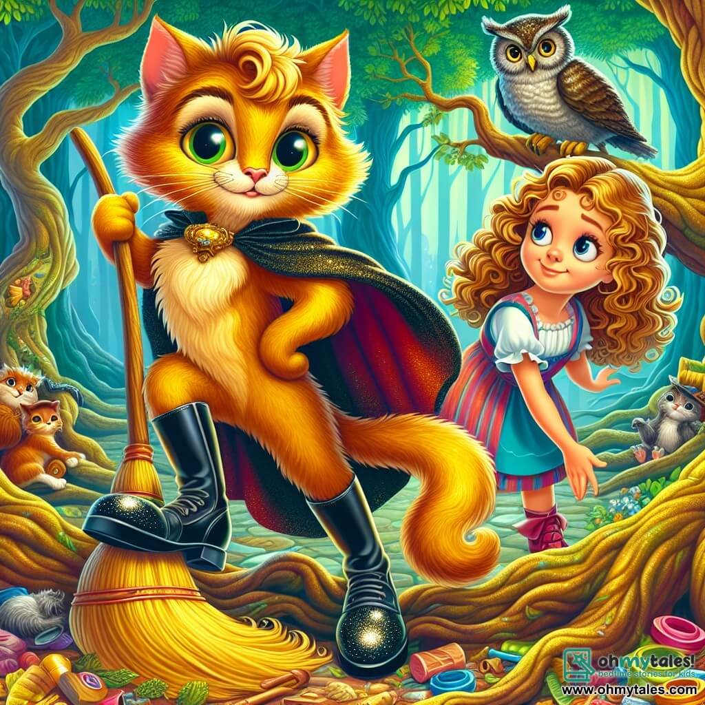 Puss in Boots, an elegant cat with golden fur and sparkling mischievous eyes, stands proudly at the center of the scene, his tail curled around him. He wears his famous shiny black boots and a feathered hat, displaying a determined and brave expression. Next to him, an 8-year-old girl with curly hair and curious eyes admires the cat while holding a wooden broom, ready to help clean the forest. In the background, a wise old owl with gray feathers and round eyes perches on a branch of a majestic tree, observing the scene thoughtfully. The setting is the Enchanted Forest of Forgotten Things, where twisted trees rise with leaves shimmering in bright colors, but colorful litter litters the ground, creating a sad contrast to the natural beauty. The main situation shows Puss in Boots and the girl united in their mission to save the forest, enthusiastically sweeping up the trash while the owl watches, ready to offer wise advice.
