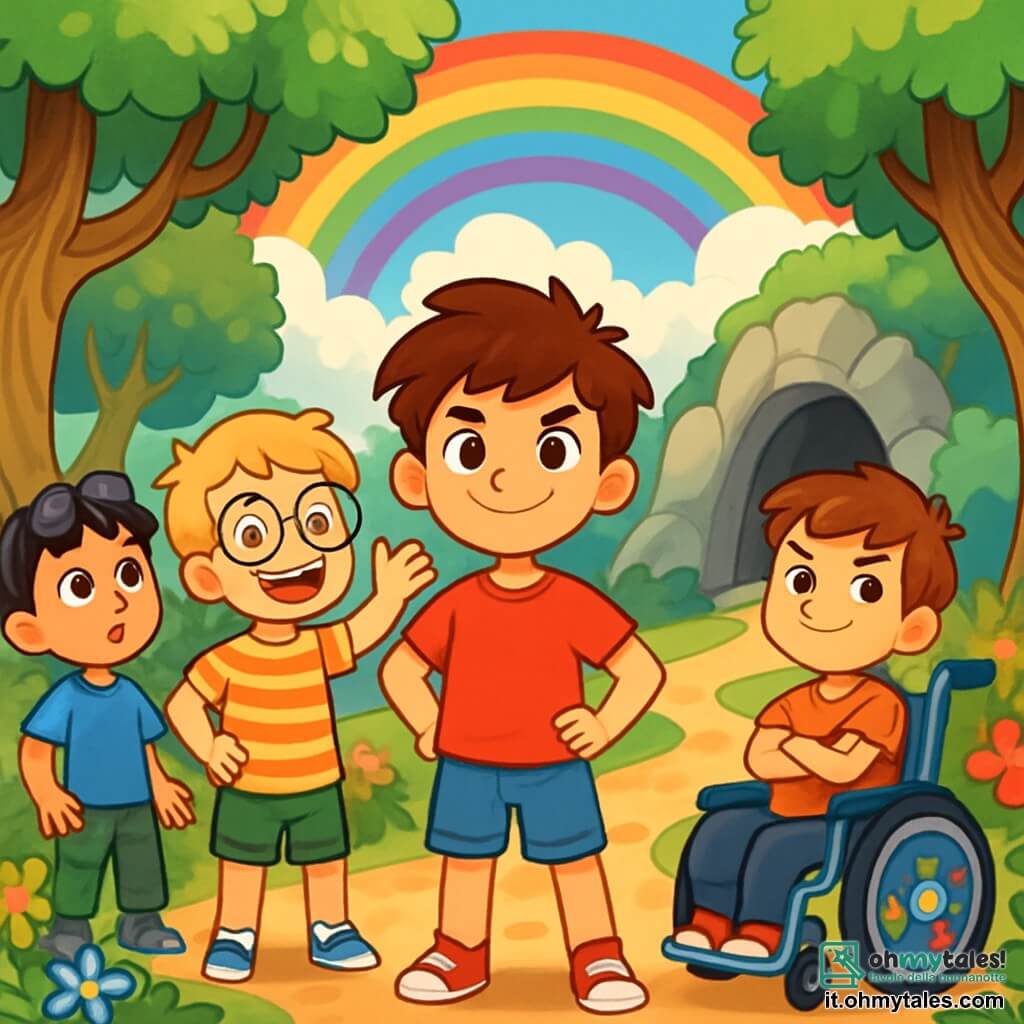 Ci sono 4 bambini: - Leo: un ragazzo di 10 anni, con capelli castani disordinati e occhi brillanti come stelle. Indossa una maglietta rossa e pantaloni di jeans. Si trova al centro, mostrando il suo coraggio con un sorriso determinato. - Max: un ragazzo di 9 anni, con capelli biondi e occhiali rotondi. Indossa una maglietta a righe e pantaloni verdi. È a sinistra di Leo, ridendo e gesticolando con entusiasmo. - Tom: un ragazzo di 10 anni, con capelli castani e occhi furbi. Usa una sedia a rotelle decorata con adesivi colorati. È a destra di Leo, con le braccia incrociate e un'espressione astuta. - Sam: un ragazzo di 8 anni, con capelli neri e occhiali da sole sulla fronte. Indossa una maglietta blu e pantaloni cargo. È leggermente indietro, con gli occhi spalancati per curiosità, guardando il cielo. Il luogo è una foresta incantata, con alberi alti e tronchi contorti e foglie verdi brillanti. Fiori multicolori danzano al vento, e un sentiero di terra serpeggiante conduce a una caverna misteriosa, circondata da nuvole leggere. I quattro amici sono davanti all'ingresso della caverna, determinati ad affrontare lo stregone. Si tengono per mano, uniti e coraggiosi, pronti a salvare la magia della foresta. Un arcobaleno scintilla sopra di loro, simboleggiando la loro amicizia e speranza.
