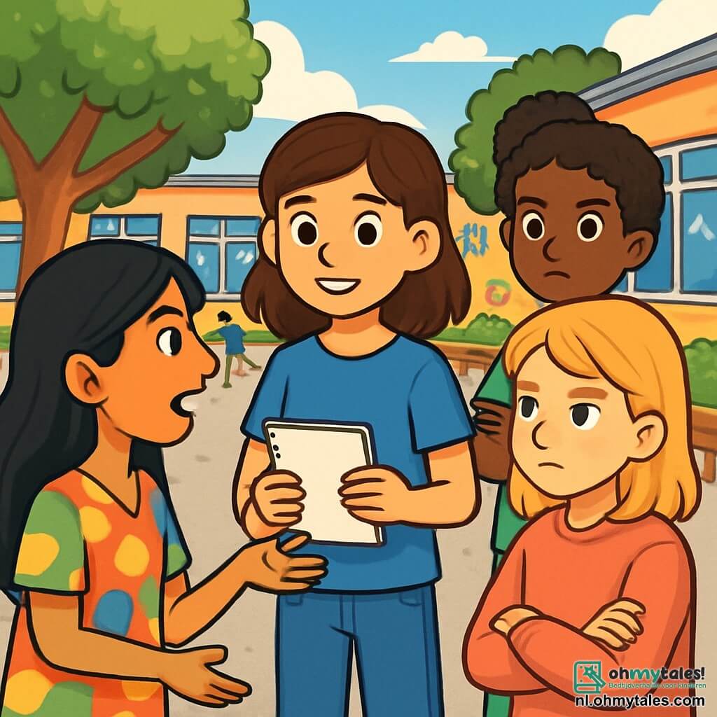 Er zijn 4 kinderen: Noor, een 12-jarig meisje met bruin haar en sprankelende ogen, in een blauwe t-shirt en jeans, staat in het midden, glimlachend met een notitieboek in haar handen. Yasmin, een 12-jarig meisje met lang zwart haar en een olijfkleurige huid, in een kleurrijke jurk, staat links van Noor en praat enthousiast. Lotte, een 12-jarig meisje met blond haar en sproeten, in een roze sweatshirt, staat rechts van Noor en luistert aandachtig met een serieuze blik. Djamila, een 12-jarig meisje met krullend haar en een donkere huid, in een groene t-shirt, staat achter Noor met gekruiste armen en een vastberaden uitdrukking. De scène speelt zich af op een zonnige schoolplein, omringd door hoge bomen met groene bladeren. Kinderen spelen in de verte, en er zijn houten banken op de betonnen vloer. De lucht is blauw met enkele witte wolken, en op de muren van de school zijn kleurrijke tekeningen te zien. De vier vriendinnen bespreken samen hun ideeën over racisme in een serieuze maar vriendschappelijke conversatie, omringd door andere kinderen die aandachtig luisteren. Hun gezichten tonen zowel vastberadenheid als hoop voor positieve verandering.