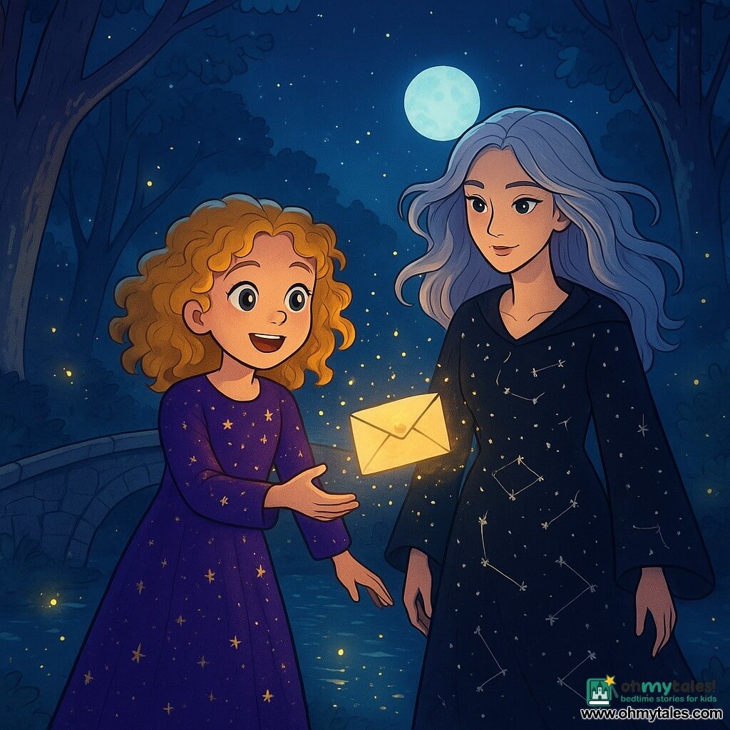 A young witch, Hazel, about 10 years old with curly golden hair, wears a purple velvet dress adorned with sparkling stars. She has sparkling eyes filled with curiosity and an amazed smile as she stands at the edge of a glowing bridge, reaching for a floating envelope. Beside her is Maud, a mysterious woman around 30, with silver hair floating around her face, wearing a black dress decorated with constellation patterns. She watches Hazel with a kind gaze, ready to help. The setting is an enchanted forest, where majestic trees with silver trunks rise towards a starry sky, and fireflies dance around a shimmering pond reflecting the moonlight. The main scene shows Hazel and Maud chasing a magical letter that escapes, illuminated by bursts of light, while the ancient, mysterious stone bridge stretches behind them, creating an atmosphere of magic and adventure.
