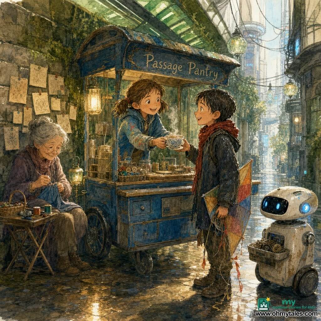 A cheerful, mischievous 10-year-old girl with brown pigtails and freckles, wearing a sky-blue paint-stained jacket, smiles and offers a steaming cup of tea from a small sky-blue painted wooden cart labeled "Passage Pantry"; an about-8-year-old soaked, smiling boy with rain-slicked hair and a red scarf stands in front of the cart holding a wet kite as he accepts the cup; an elderly woman of about 70 with a gentle wrinkled face and gray hair in a bun sews a sleeve at a small folding table against the wall to the left; a small white delivery robot with a slightly bent wheel and blue lights is parked to the right with a spare gear on its tray; the narrow, cool alley of a futuristic city has moss-covered stone walls, iridescent metal paneling above filtering green light, wet cobbles reflecting glass lanterns and hanging cables, and the scene is a quiet, warm late-afternoon moment with simple objects (buttons, string, steaming cup) on the cart and notes stuck to the stone as people exchange smiles.