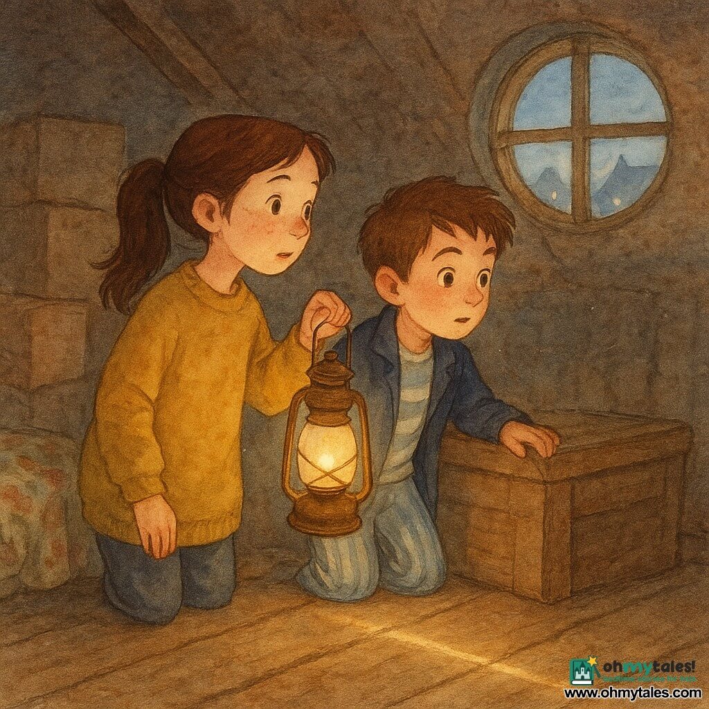 Two children: Mira, 9, brown hair in a ponytail, freckles, oversized mustard-green sweater, holding a small brass lantern that casts a pale beam toward the attic window; Leo, 9, short chestnut hair, navy jacket and striped pajama bottoms, curious brows, leaning on an old wooden crate and watching the light line on the floor. Dusty attic with worn wooden floorboards, stacked boxes, a floral blanket in a corner, a small round window showing rooftops and distant streetlamps, rays of dust in the lantern's beam. The lantern's thin line of light points to the window; both children follow it with amazed faces, intimate mysterious atmosphere, warm watercolor tones and visible grainy textures of dust and aged wood.