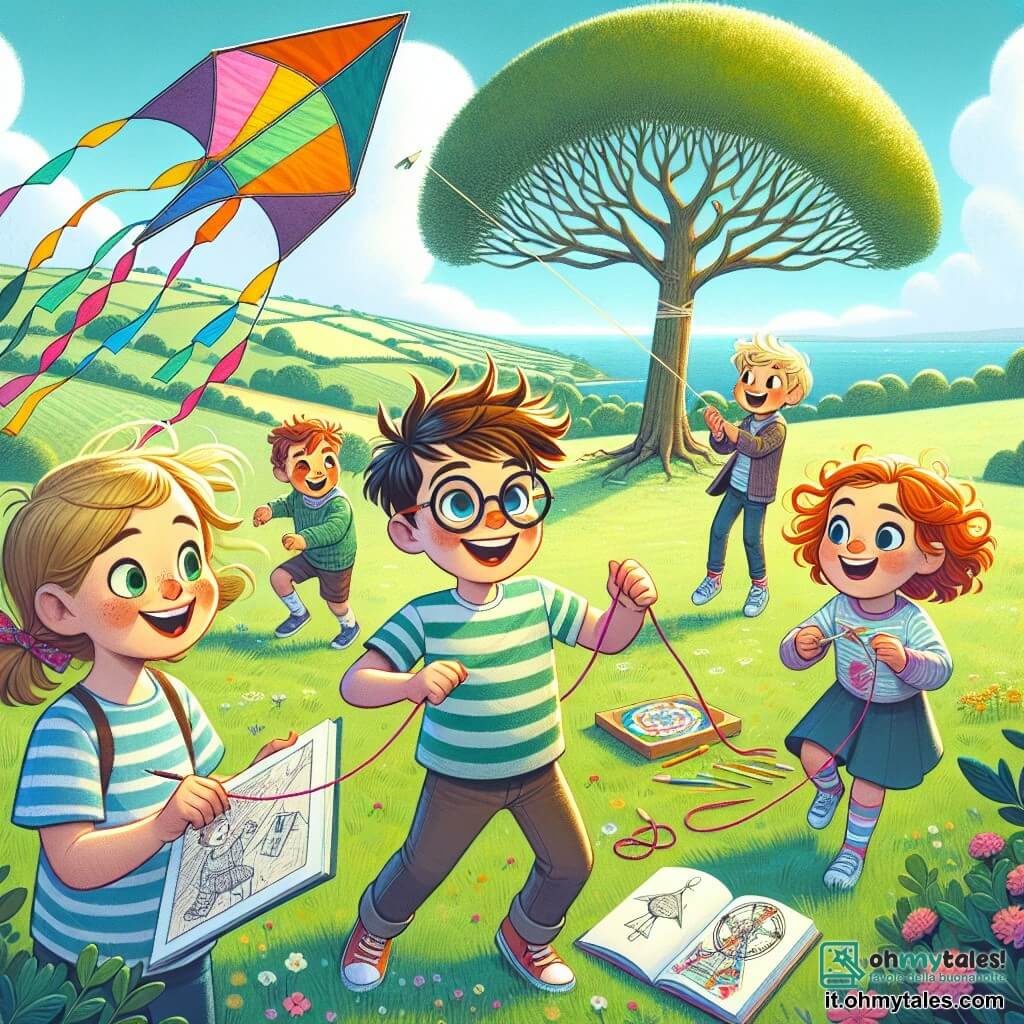 In un parco soleggiato, quattro bambini si tengono insieme, pronti a affrontare una sfida. Marco, un ragazzo di dieci anni con capelli castani e un grande sorriso, tiene un aquilone colorato. Alla sua destra, Sara, una ragazza con capelli biondi e occhiali rotondi, osserva l'aquilone con curiosità, un taccuino in mano. A sinistra, Luca, un ragazzo con capelli castani e occhiali spessi, aggiusta un piccolo modello di razzo di carta, gli occhi brillanti di eccitazione. Infine, Giulia, una ragazza con capelli ricci e una maglietta a righe, ride mentre tiene una lunga corda, pronta a far volare l'aquilone. Il parco è pieno di colline verdi, fiori vivaci e un cielo blu chiaro. I bambini corrono insieme sulla collina, cercando di far decollare il loro aquilone colorato, ridendo e incoraggiandosi a vicenda.