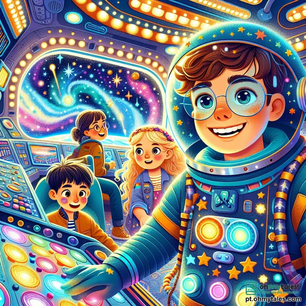 Um homem chamado Lucas, com cabelos castanhos e óculos redondos, sorrindo entusiasticamente, está no centro da imagem, de pé dentro de sua nave espacial colorida, a "Estrela Brilhante". Ele veste um traje espacial azul decorado com estrelas brilhantes e mostra um painel de controle cheio de botões luminosos. Ao seu lado, uma menina de 8 anos chamada Mia, com cabelos loiros em tranças e um grande sorriso, observa as estrelas através de um visor, com os olhos brilhando de maravilha. Um menino de 9 anos, chamado Tom, com cabelos negros e óculos, está sentado em uma cadeira, segurando um pequeno gadget espacial, com uma expressão concentrada e pronto para ajudar. A nave espacial está cercada por uma paisagem cósmica deslumbrante, com estrelas cintilantes, planetas coloridos e nebulosas brilhantes ao fundo, criando uma atmosfera mágica e aventureira. A cena principal mostra Lucas e as crianças ajudando outra nave espacial em dificuldades, com cordas e ferramentas flutuando ao redor deles, ilustrando o espírito de equipe e a amizade que os une nesta aventura espacial.
