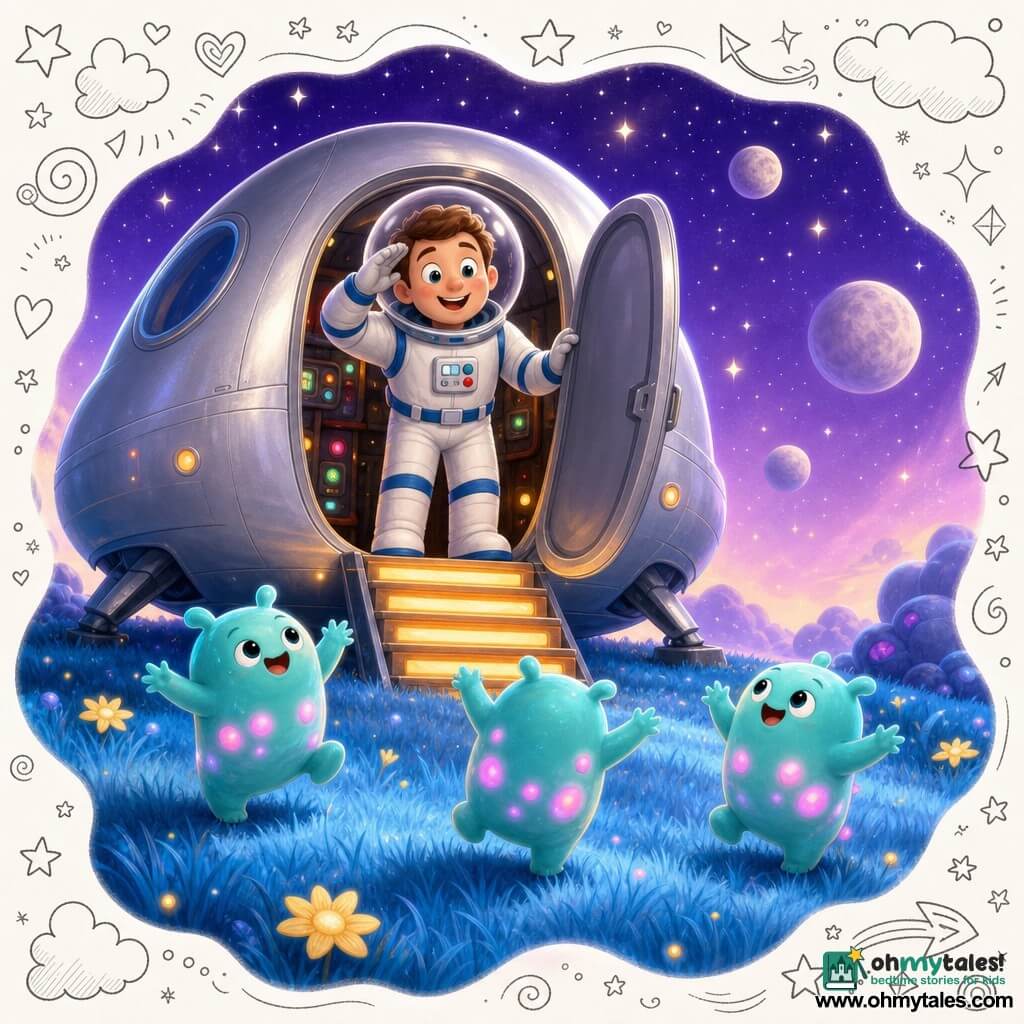 Adult man (Captain Ben) with a round face, sparkling eyes and gentle smile, short chestnut hair, wearing a white-and-blue spacesuit with a large clear helmet, stands in the open doorway of the silver "Star Glider" and waves; three friendly, round, fluffy turquoise creatures with pink glowing spots and short arms dance on electric-blue grass below the ship, orange-lit steps and colorful buttons visible inside, yellow star-shaped flowers dot a purple sky with pearly moons and twinkling stars — a bright, peaceful meeting as the man welcomes the creatures.