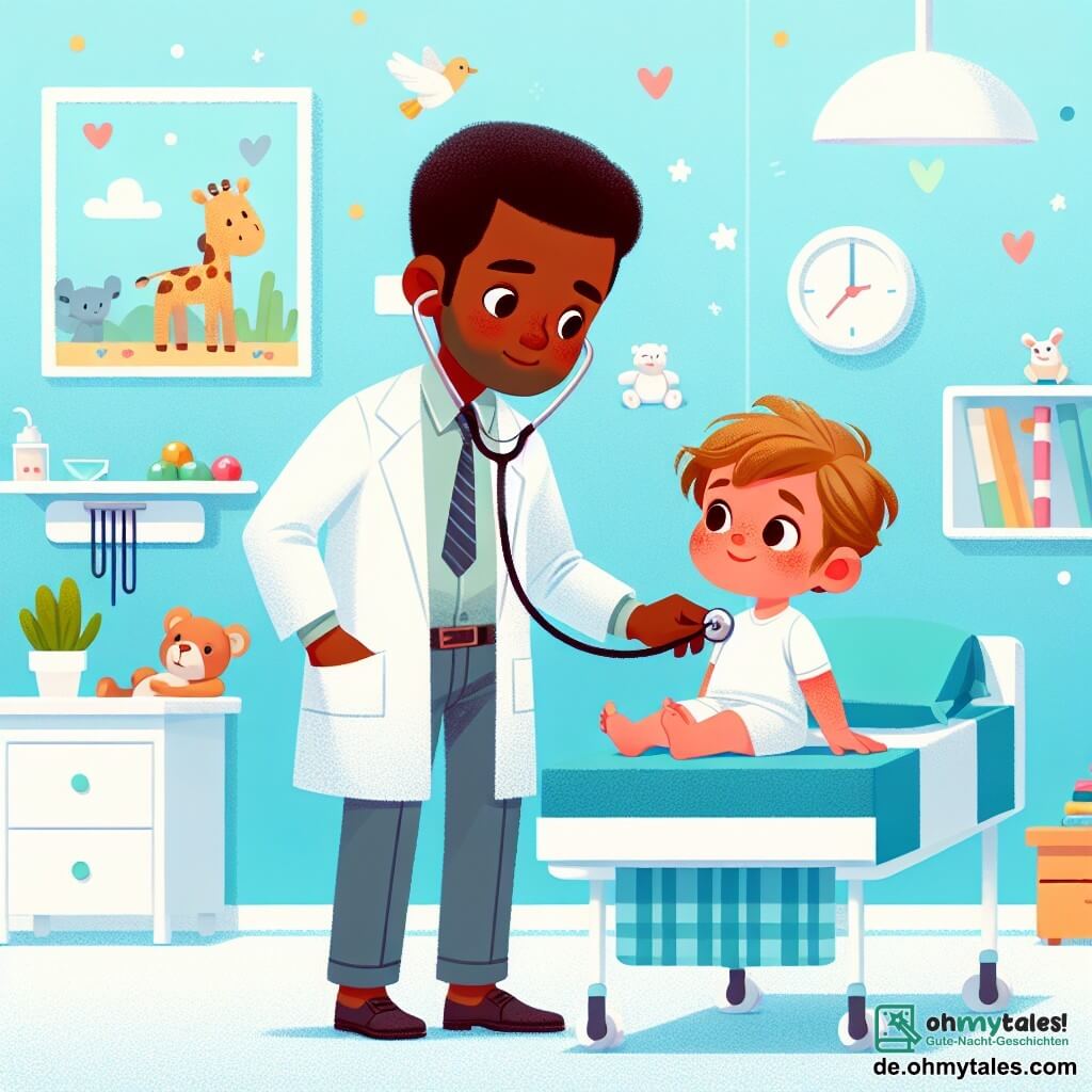 Dr. Max ist ein Mann in seinen Dreißigern, mit braunen Haaren und runden Brillen. Er trägt eine makellose weiße Jacke und ein Stethoskop um den Hals. Sein Gesicht strahlt Freundlichkeit und Entschlossenheit aus, während er einen kleinen Jungen untersucht. Leo ist ein 7-jähriger Junge mit zerzausten blonden Haaren und rosigen Wangen. Er liegt auf einem Krankenhausbett, trägt ein Patientenhemd und schaut Dr. Max mit einem hoffnungsvollen Lächeln an. Die Szene spielt in einem hellen Krankenhauszimmer mit pastellblauen Wänden und bunten Tierzeichnungen. Ein kleiner Schreibtisch mit Spielzeug und Büchern ist in einer Ecke sichtbar und verleiht der Umgebung eine warme Note. Dr. Max hört aufmerksam Leos Bauch mit seinem Stethoskop ab, während Leo, etwas besorgt aber zuversichtlich, auf die Ergebnisse der Untersuchung wartet. Die Atmosphäre ist sanft und beruhigend, erfüllt von Hoffnung und Wohlwollen.