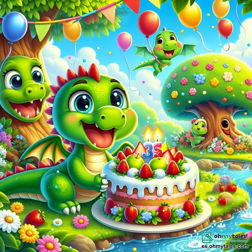 Ilustración que representa a un pequeño dragón verde con escamas brillantes y grandes ojos llenos de alegría. Sonríe ampliamente mientras sostiene un hermoso pastel de frutas coloridas, decorado con fresas rojas, rodajas de peras amarillas y manzanas verdes. Un gran árbol con un follaje exuberante, ojos amigables y una sonrisa cálida, está al lado del dragón, expresando gran alegría y aplaudiendo con sus ramas. Un arroyo resplandeciente, con aguas claras y burbujeantes, serpentea cerca de ellos, con burbujas que estallan en la superficie, mostrando su entusiasmo por la fiesta. El lugar principal es un hermoso paisaje de un bosque encantado, con flores brillantes de todos los colores, rayos de sol filtrándose a través de las hojas y un cielo azul salpicado de nubes blancas esponjosas. La situación principal muestra al dragón celebrando su cumpleaños, rodeado de sus amigos, cantando y riendo, listo para cortar su pastel. Otros elementos gráficos incluyen globos coloridos flotando en el aire, guirnaldas de flores colgando de las ramas del árbol y pequeños animales del bosque observando la fiesta con expresiones alegres.