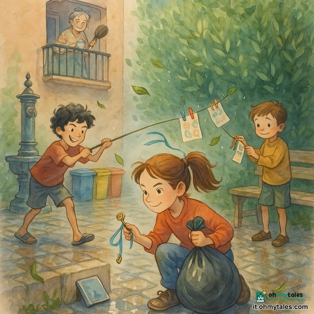 Una bambina di 12 anni, determinata e gioiosa, viso concentrato, guance rosate, capelli castani raccolti in una coda, tiene una piccola chiave di ottone con un nastro blu in una mano e un sacco della spazzatura quasi pieno nell'altra, accovacciata vicino a un piccolo sportellino nel muro; un ragazzo di circa 12 anni, capelli neri ricci, sorriso malizioso, indossa ciabatte, tende una corda tenendo una lunga spazzola, posto a sinistra; un bimbo di circa 8 anni, capelli castano corti, timido ma fiero, tiene mollette colorate e raccoglie volantini vicino a una panchina di legno a destra; una donna anziana di circa 60 anni, capelli grigi raccolti, camicetta a fiori, con una tazza di tè e una grande spazzola osserva benevola da un balcone; luogo: piccolo cortile lastricato con pietre bagnate, fontanella in ghisa, bidoni colorati, alta siepe di alloro; situazione: i tre bambini cooperano — la bambina apre lo sportellino con la chiave brillante, il ragazzo tende la spazzola per afferrare un cilindro, il più piccolo fissa volantini sulla corda con le mollette, foglie e gocce d'acqua volano; stile: acquerello morbido, colori pastello saturi, texture bagnate, tratti fini e dettagli luminosi.