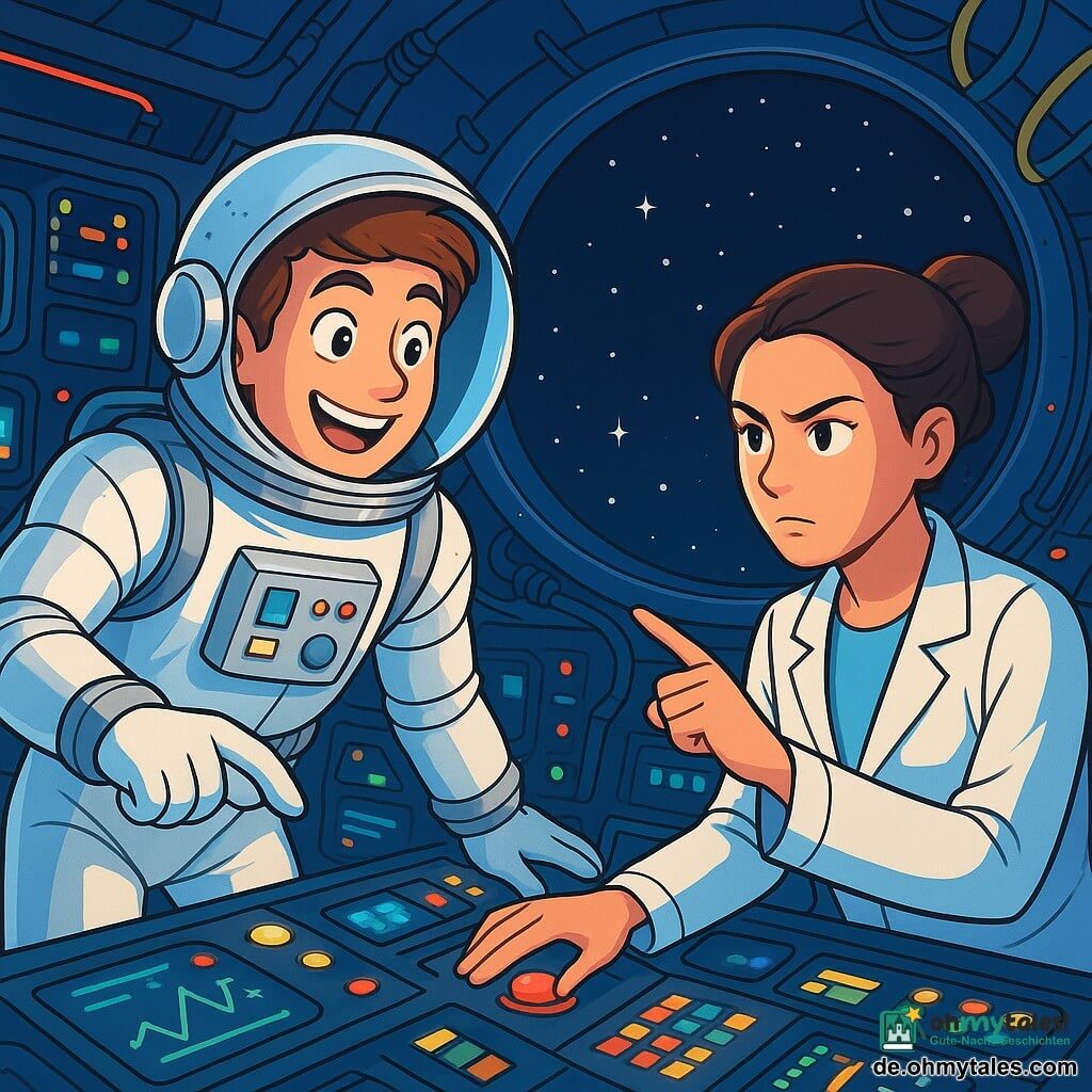 Ein Mann, Jonas, trägt einen glänzenden weißen Astronautenanzug mit funkelnden silbernen Details. Sein Gesicht zeigt spürbare Aufregung, mit funkelnden Augen und einem breiten Lächeln. Er schwebt in der Raumkapsel, umgeben von leuchtenden Kontrollpanelen und bunten Knöpfen. Neben ihm steht Anna, die Missionsleiterin, eine Frau in ihren Dreißigern mit braunen, zu einem Dutt gebundenen Haaren. Sie trägt einen Laborkittel und beobachtet die Bildschirme mit intensiver Konzentration, ihr ernstes Gesicht steht im Kontrast zur Begeisterung von Jonas. Das Innere der Raumkapsel ist mit Kabeln, Bildschirmen, die Daten anzeigen, und blinkenden Lichtern gefüllt, was eine futuristische und dynamische Atmosphäre schafft. Fenster zeigen die schwarze Weite des Weltraums, gespickt mit leuchtenden Sternen. Die Hauptsituation zeigt Jonas und Anna, die sich auf den Start vorbereiten, während Jonas bereit ist, einen entscheidenden Knopf zu drücken, während Anna ihm Anweisungen gibt, was eine aufregende und erwartungsvolle Spannung erzeugt.