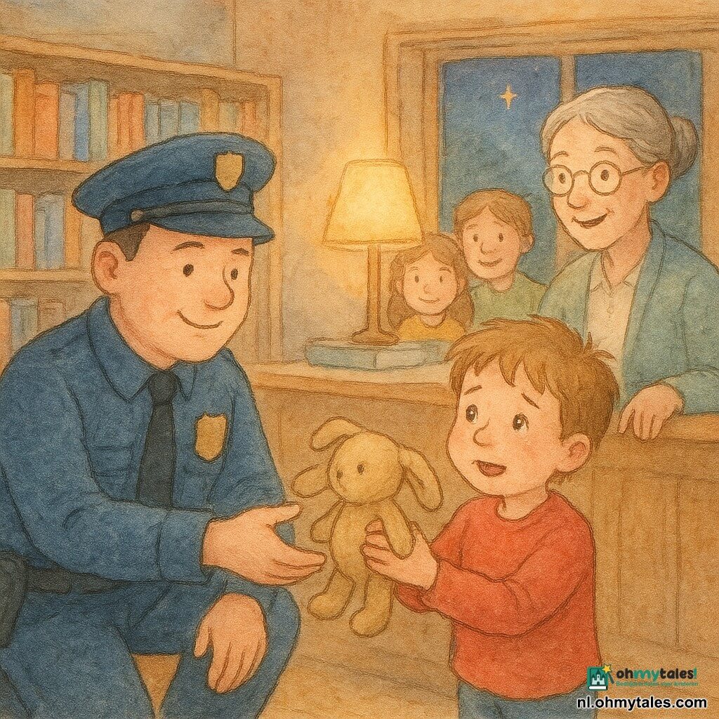 Een vriendelijke mannelijke agent van in de dertig, rond gezicht en glimlach, in donkerblauw uniform knielt neer en reikt een versleten knuffelkonijn aan; een ongeveer vijfjarig jongetje met lichtbruin haar en nog rode tranen houdt het konijn stevig tegen zijn borst, opgelucht en verwonderd; een bibliothecaresse van ongeveer vijftig met grijs haar in een knot en ronde bril staat achter een houten balie en wijst naar de knuffel; op de achtergrond kijken twee achtjarige kinderen nieuwsgierig vanaf een lage plank; warme kleine bibliotheek met houten kasten, kleurrijke boekcovers, zacht tapijt en een schemerige avondlucht buiten de raam; intieme, rustige scène in pastel- en aquarelstijl, gericht op het herstel van de knuffel en het troostende moment tussen agent en kind.