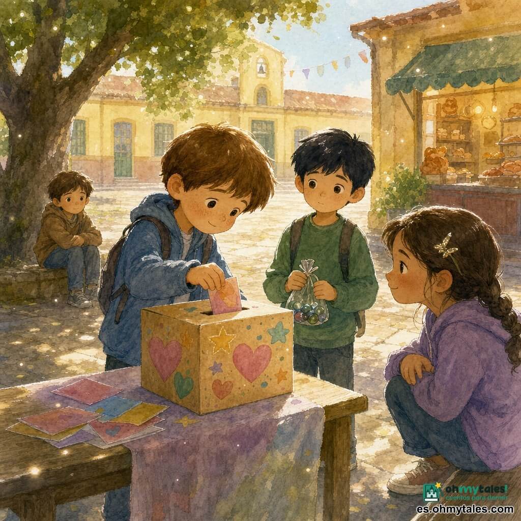Un niño de 8 años, rostro redondo con ligeras pecas, cabello castaño corto, mirada decidida y suave; inclina el cuerpo con timidez y coloca una hoja colorida en una caja de cartón decorada con corazones y estrellas. A la derecha, Sami, también de unos 8 años, cabello muy negro y piel clara, con sudadera verde y una bolsita de canicas en las manos, observa con curiosidad reservada; cerca de un banco, Nora, de unos 8 años, piel morena y trenzas, con un pendiente brillante detrás de la oreja, está agachada sonriendo de forma alentadora; Diego, otro niño de 8 años de cabello castaño, permanece algo retraído a la sombra de un árbol, con las manos sobre las rodillas, observando en calma. Escena en el patio frente a la puerta de la clase, suelo de losas crema, una mesa con cartas y la caja de la “Semana de la Convivencia”, fachada escolar amarillo pálido y una pequeña panadería en la esquina; ambiente matutino tierno y tranquilo de aceptación y atención entre los niños.