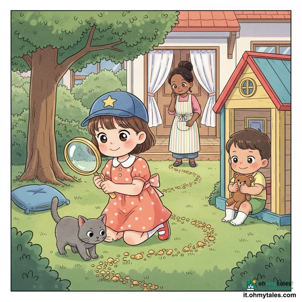 Lila, bambina di 4 anni, sorridente e concentrata, è inginocchiata in un giardino familiare al crepuscolo e, con una lente di plastica, segue una scia di briciole dorate dalla cucina fino a una casetta di legno colorata; indossa un berretto blu con una stella, un vestito a pois pesca e scarpe rosse, ha capelli castani corti e occhi grandi; vicino a lei il gatto grigio Poldo annusa le briciole, a destra nella casetta Tom, 4 anni, seduto con mani appiccicose e un orsacchiotto, porta maglietta gialla e pantaloncini verdi, e sullo sfondo la mamma sui 30 anni osserva dolcemente dalla porta, indossando un grembiule pastello e i capelli raccolti, atmosfera tranquilla e giocosa con toni caldi e tratti rotondi in stile manga per bambini.