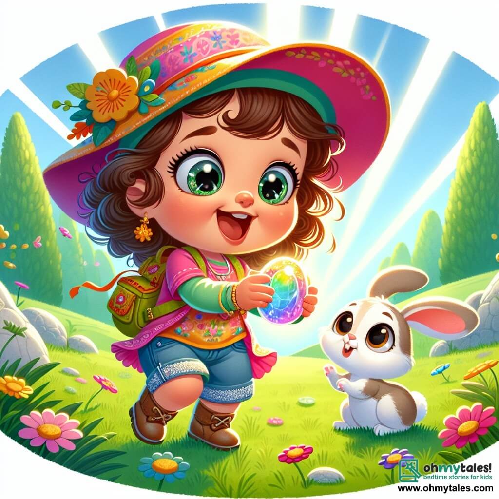A one-year-old girl with sparkling big eyes and brown curls wears a large colorful hat and a small backpack. She is joyfully dancing in the grass, holding a pretty shiny stone in her hands, with a big smile on her face. Next to her, a curious and cute little white rabbit with big ears observes the scene, sitting on its hind legs, intrigued by the girl and looking at the stone with wide eyes. The setting is a sunny park filled with colorful flowers, lush green trees, and soft grassy lawns. Sunlight filters through the leaves, creating dancing shadows on the ground. The main situation shows the little girl discovering her treasure, a shiny stone, and celebrating her find with a joyful dance, surrounded by the beauty of nature.