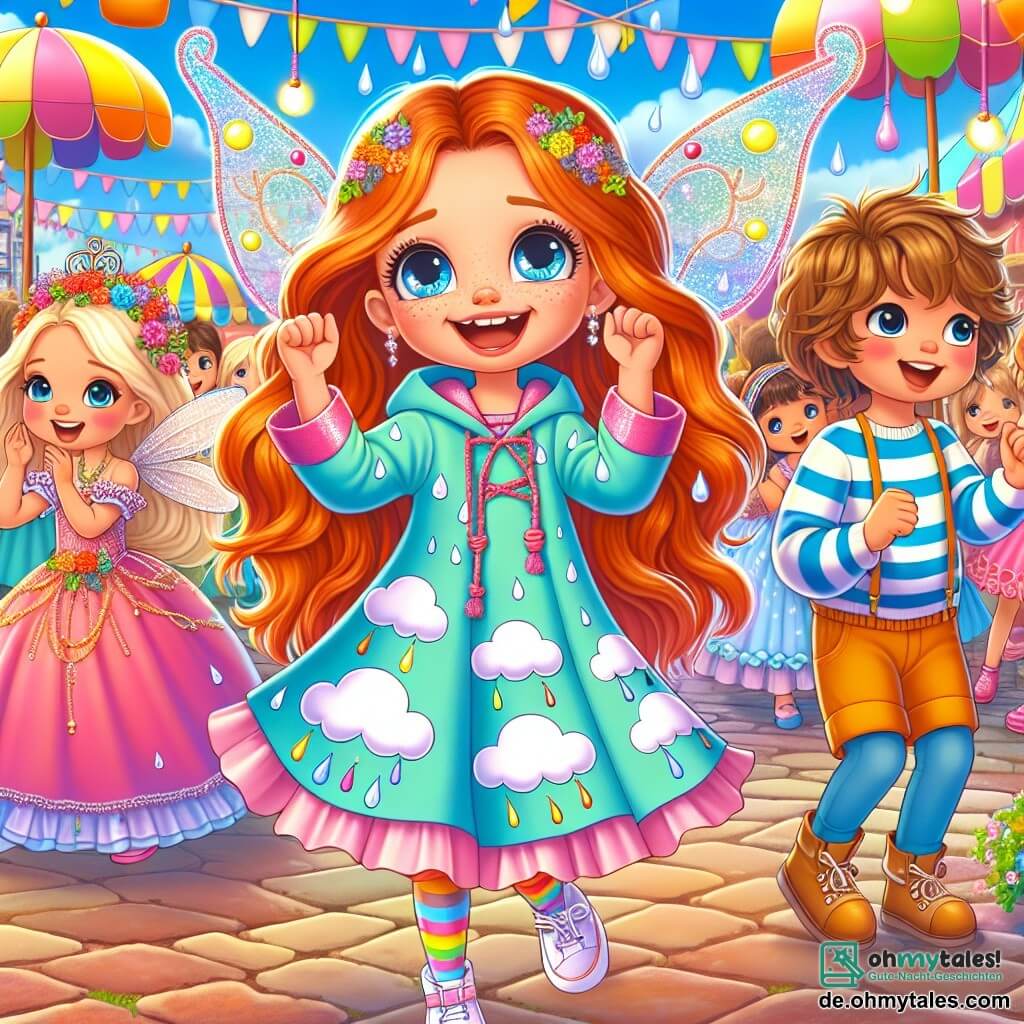 Ein 6-jähriges Mädchen, Lilli, mit langen roten Haaren und funkelnden Augen, trägt ein buntes Regenkostüm mit Wolken- und Tropfenmustern. Sie tanzt begeistert, ihre glitzernden Feenflügel hinter ihr, ein großes Lächeln erhellt ihr Gesicht. Neben ihr applaudiert ein 7-jähriger Junge, Max, mit zerzausten braunen Haaren und einem gestreiften T-Shirt, er trägt ein Piratenkostüm mit einem Federhut. Ein weiteres Kind, ein 6-jähriges Mädchen namens Clara, mit lockigem blondem Haar, ist als Prinzessin verkleidet, trägt ein rosa Kleid und eine funkelnde Krone und macht fröhliche Tanzgesten, während sie Lilli ansieht. Die Szene spielt auf einem großen, lebhaften Platz, geschmückt mit bunten Girlanden, schwebenden Ballons und Süßigkeitenständen, unter einem klaren blauen Himmel mit weißen Wolken. Lilli und ihre Freunde nehmen an einem fröhlichen Tanzwettbewerb teil, umgeben von anderen verkleideten Kindern, alle haben gemeinsam Spaß in einer festlichen und bunten Atmosphäre und feiern den Karneval mit Lachen und Freude.