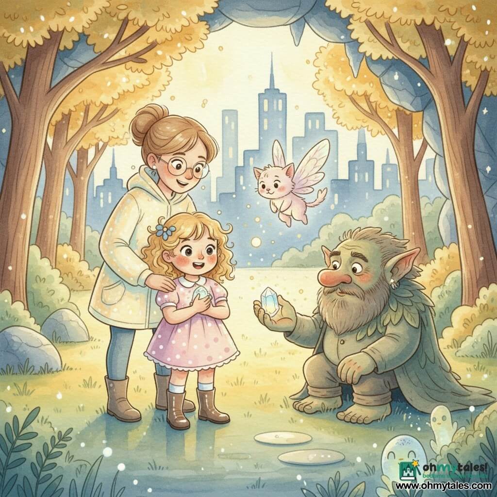 A joyful, brave 6-year-old girl with a round face, curly blonde hair and wide, wonder-filled eyes clutches a small glowing Stone of Light to her chest; behind her stands her gentle-looking mother (30–35) with tied brown hair and thin glasses, hand on the girl's left shoulder, wearing a luminous technical coat; above the girl floats Twinkle, a cat-sized pale-pink, sparkling-winged creature scattering tiny sparks; to the right sits Grizzle, a large, stocky green-skinned troll with a scruffy beard and softened, surprised expression, reaching to return the crystal and wearing a coat of leaves; they stand at the entrance of a glowing cave in an urban park at night with shimmering grass, golden-leaved trees, blurred city lights and skyscrapers in the background and wet cobbled paths reflecting light — a reconciliatory, sharing moment surrounded by glowing creatures in a soft pastel palette of warm yellows and deep blues, with white gel-pen sparkles.