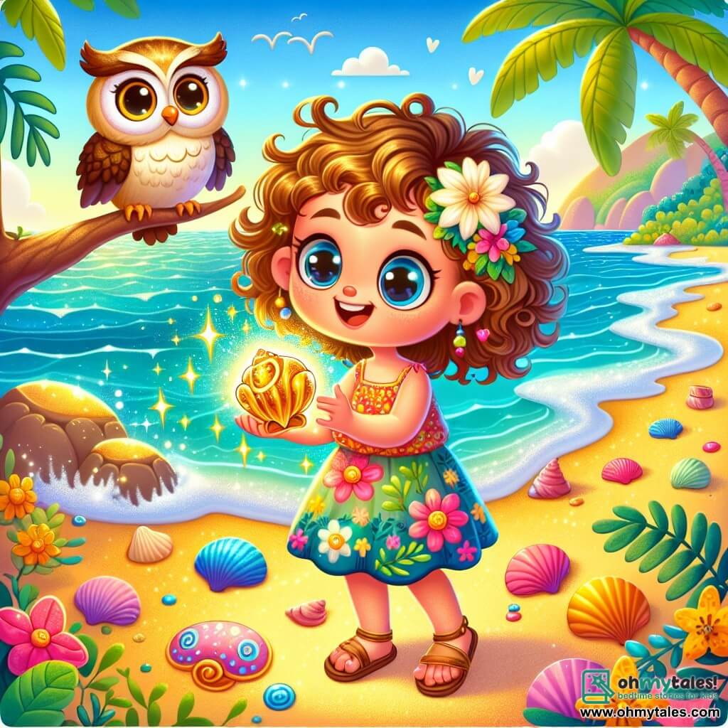 A 4-year-old girl named Lily, with big sparkling eyes and curly hair, smiles in wonder while holding a glowing magical shell in her hands. She wears a colorful floral dress and sandals, standing on the golden sand near the ocean. Next to her, a wise owl with brown and golden feathers perches on a tree branch, observing the scene with round, curious eyes, as if proud to assist her in her quest. The setting is a sunny beach, with shimmering waves dancing in the sun, colorful seashells scattered on the sand, and palm trees swaying gently in the breeze. The main scene shows Lily, full of joy and excitement, about to place the magical shell on the sand, ready to release the enchanted melody that will delight the ocean.