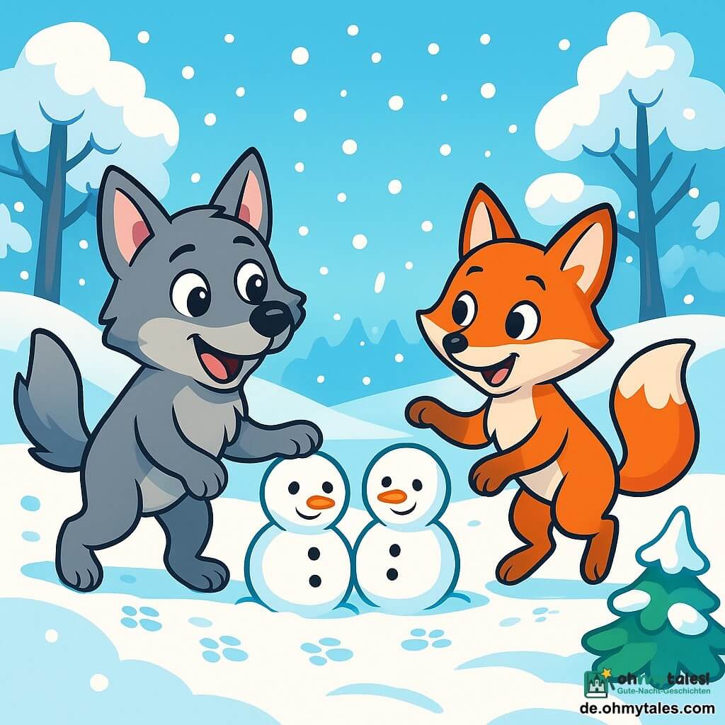 Ein kleiner Wolf mit glänzenden Augen und grauem Fell, Lupo, ist fröhlich und neugierig und spielt im frisch gefallenen Schnee. Er hinterlässt Pfotenabdrücke im strahlend weißen Schnee, mit aufgerichteten spitzen Ohren und einem großen Lächeln im Gesicht. Neben ihm springt ein kleiner Fuchs mit leuchtend orangefarbenem Fell, Fino, mit schelmischen Augen lachend im Schnee, seine agilen Pfoten hinterlassen zarte Abdrücke. Sie befinden sich in der Nähe eines kleinen, schneebedeckten Tannenbaums, umgeben von sanft fallenden Schneeflocken. Die Landschaft ist ein Winterbild mit majestätischen Bäumen, deren Äste mit Schnee beladen sind, einem hellblauen Himmel und sanften Schatten, die durch das Sonnenlicht entstehen. Die Szene zeigt Lupo und Fino, die zwei kleine Schneemänner bauen, zusammen lachen und voller Glück und Freundschaft sind.