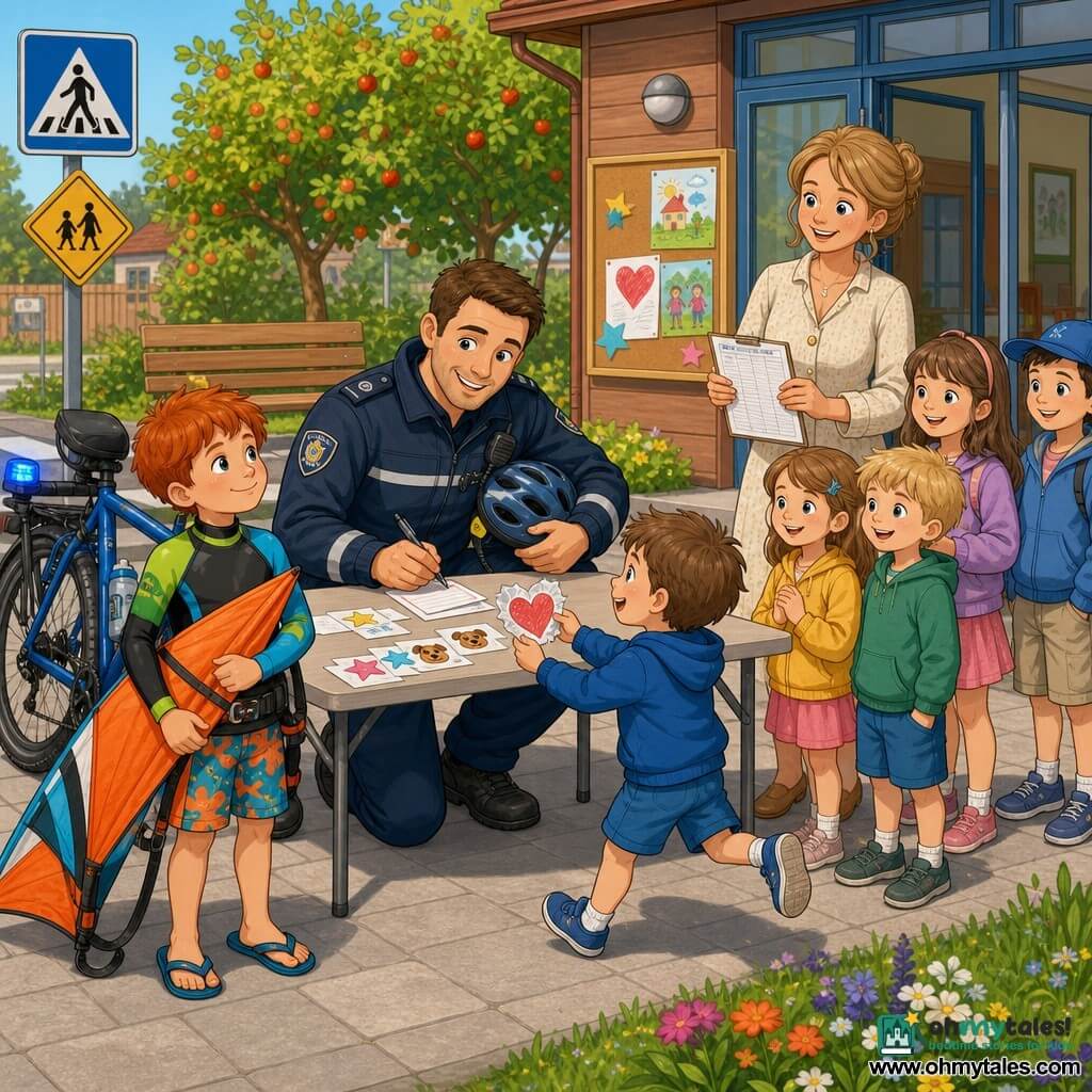 A friendly 35‑year‑old police officer with short brown hair and a navy reflective jacket, helmet in hand, crouches at a folding table writing name tags while handing out colorful sticker labels; behind him to the right a relieved female teacher of about 30 in a light dress holds an attendance list and smiles at the children, to the left an admiring 8‑year‑old redheaded boy named Sam in a colorful kitesurf outfit holds an orange kite, and a 6‑year‑old boy in blue runs up to offer a crumpled paper heart; scene set outside a community center on a paved sidewalk with wooden benches, fruit trees, a colorful noticeboard, pedestrian signage and a small lawn with flowers, bright warm community‑safety atmosphere, stickers (stars and dogs), label box and a blue patrol bike leaning against the table.