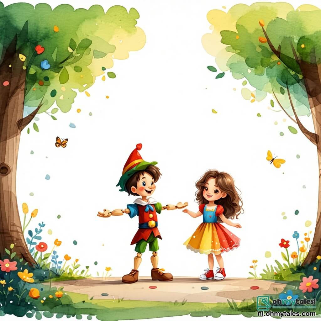 Pinocchio, een houten jongen met rommelig bruin haar en een grote glimlach, staat in het midden van de afbeelding met open armen, vol enthousiasme en vreugde. Zijn ogen fonkelen van opwinding terwijl hij anderen uitnodigt om met hem in het park te spelen. Naast hem staat Lila, een meisje van ongeveer 8 jaar met lang, krullend haar, in een kleurrijke jurk en sneakers. Ze glimlacht breed terwijl ze een voetbal vasthoudt, klaar om andere kinderen aan te moedigen zich bij hen aan te sluiten. Op de achtergrond strekt een groen park zich uit, vol majestueuze bomen, kleurrijke bloemen en een stralende blauwe lucht. Kinderen van verschillende afkomst spelen samen, wat een sfeer van vreugde en eenheid creëert. De scène toont Pinocchio en Lila die kinderen verzamelen voor een voetbalspel, wat het thema van inclusie en vriendschap illustreert terwijl iedereen zich voorbereidt om samen plezier te maken, ongeacht hun verschillen.