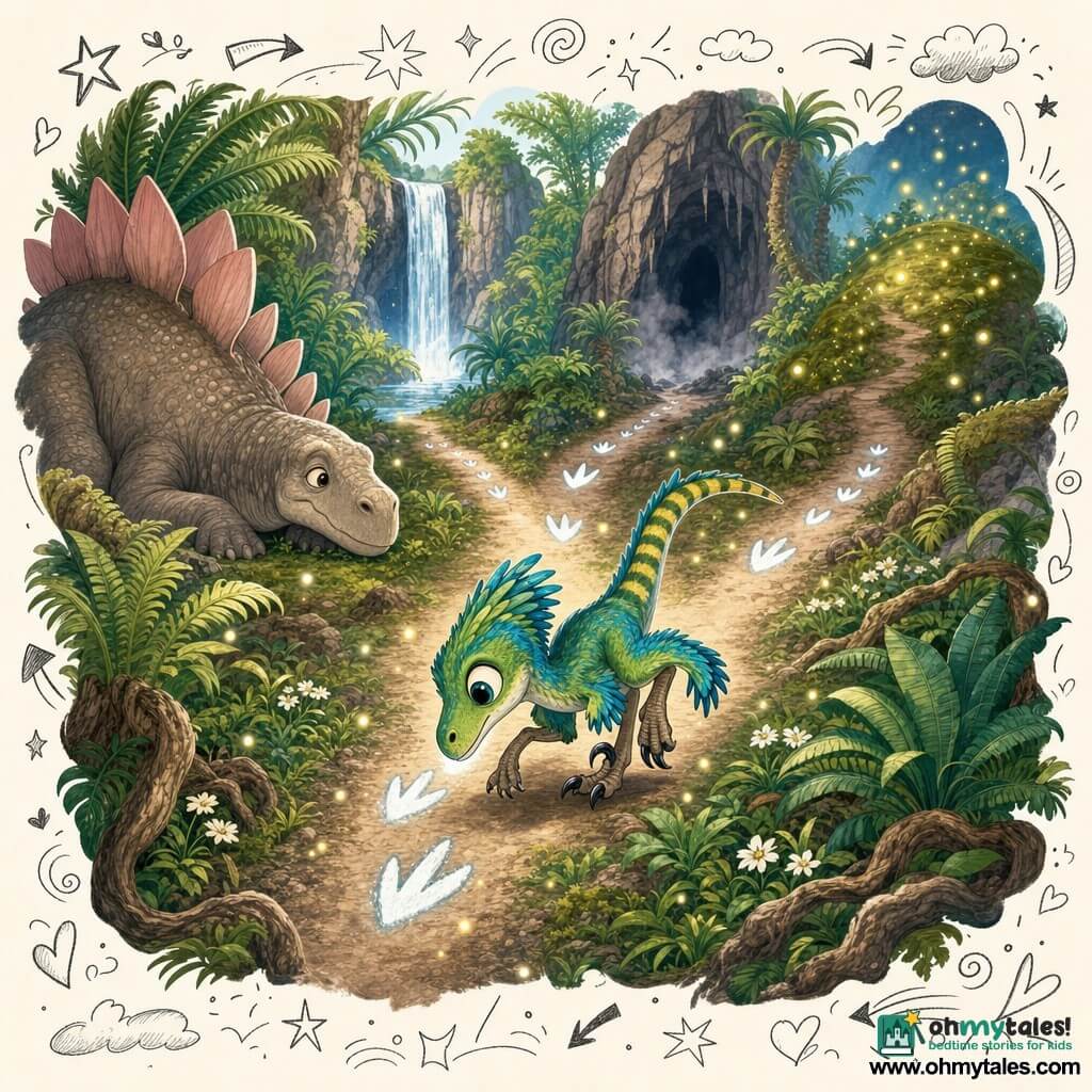 Riri, a small, curious velociraptor with bright green and blue feathers, big expressive eyes and a slender snout, stands on thin legs sniffing glowing silver footprints on the ground, tail raised with yellow stripes and body poised to run; a sleeping, gentle stegosaurus with textured grey-brown skin and pale pink plates watches from the left a few meters behind; the scene is a forest of giant emerald ferns and cycads with mossy ground and twisted roots, where a light-colored dirt path splits into three trails marked by sparkling footprints leading to a waterfall, a misty cave and a hill of fireflies; Riri stands at the fork surrounded by floating lights, looking amazed and determined in a soft, brightly colored, child-friendly cartoony style.