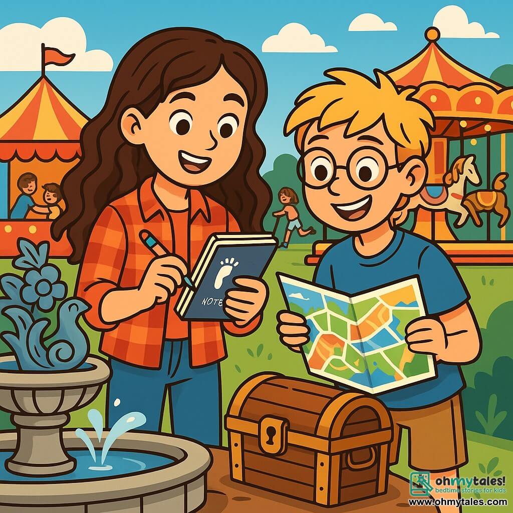 A 12-year-old girl named Lily, with long curly brown hair cascading over her shoulders, stands at the center of the image. She wears a red plaid shirt and jeans, her face glowing with excitement and curiosity, her eyes shining with anticipation. She holds an open detective notebook in one hand, scribbling notes with a colorful pen. Next to her is Max, a 12-year-old boy with messy blond hair and round glasses, carefully examining a carnival map. He wears a blue t-shirt and shorts, sporting a knowing smile, ready to assist her in her quest. In the background, the carnival stretches out with colorful tents, twinkling lights, and lively rides. A large carousel spins gently, and children laugh while playing games. The sky is a bright blue, dotted with fluffy white clouds. Lily and Max stand in front of a fountain adorned with sculptures of flowers and fantastical creatures, where they have just discovered a mysterious chest. The excitement is palpable as they prepare to open the chest, revealing hidden treasures and secrets of the carnival.