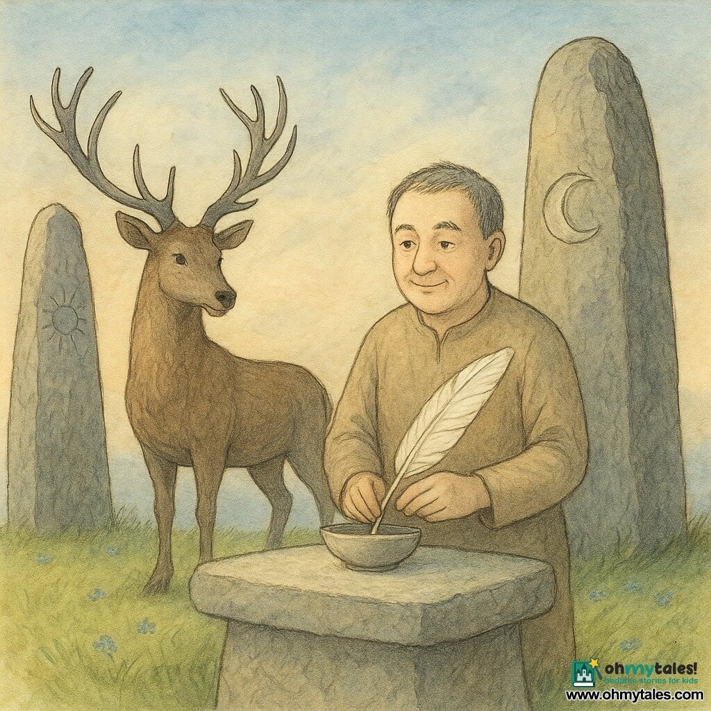 A middle-aged man with a round, gentle face, short black hair streaked with gray, a calm benevolent gaze and a slight smile holds a large smooth white feather placed in a small bowl on a pale stone table, standing between two menhirs; a majestic stag (male) with large silver antlers stands to the left, motionless and respectful, looking at the man from the edge of the grass, no other humans present; the hilltop is covered with short green grass and small blue flowers like patches of sky; two doorway-high menhirs, one carved with a sun, the other with a moon, frame the stone table; the light is soft, a mix of warm gold and gray-blue moonlight with thin long shadows, the mood is silent, sacred, calm and balanced; centered composition with a slightly low-angle perspective to give grandeur to the menhirs; visible textures: wood grain, feather veins, smooth stone surface, and watercolor-like washes blending the colors.