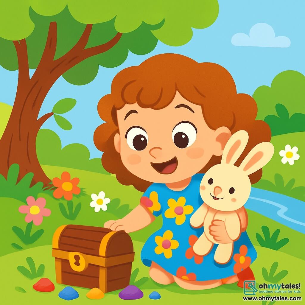 A 4-year-old girl named Lily, with big sparkling eyes and curly hair, is wearing a colorful floral dress. She smiles in wonder, holding her stuffed bunny named Floppy in her arms. Floppy has long, soft ears and a joyful expression. In the background, a large tree with waving branches stands, its green leaves dancing in the wind. The ground is covered with bright flowers and green grass, and a small stream sparkles in the sunlight. Lily is crouched down, discovering a small wooden chest buried in the grass, her eyes wide with surprise. She is surrounded by colorful stones that seem to sing, adding a magical touch to the scene. The main situation shows Lily on an adventure, ready to open the chest to reveal a sparkling treasure, filled with excitement and curiosity.