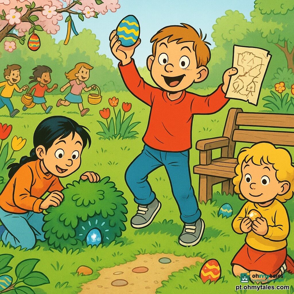 Um menino de 6 anos, rosto redondo, cabelo castanho curto, sorridente e travesso, segura um mapa desenhado a lápis e mostra um ovo pintado, em pé no centro do jardim com postura dinâmica; uma menina de 6 anos (Sofia), cabelos negros em trança, olhar surpreso, agachada à esquerda abrindo um arbusto onde brilha um ovo azul, segurando uma cestinha de vime; uma menina de 4 anos (Ana), cabelos loiros encaracolados, rosto maravilhado, acabou de encontrar um pequeno ovo dourado sob um banco de madeira e o abraça contra o peito; outras crianças (5–7 anos) correm e riem ao fundo com cestas coloridas, movimentos desfocados; o jardim é luminoso e colorido: relva verde vibrante, tulipas vermelhas e amarelas, arbustos arredondados, caminho de terra claro com pequenas pedras e um velho banco de madeira à direita; ovos decorados escondidos sob folhas, atrás de pedras e nos ramos baixos de um macieira florida com fitas coloridas pendendo; ambiente alegre e primaveril, luz suave da manhã, sombras leves, paleta viva e contrastada, traço limpo e contornos nítidos ao estilo da banda desenhada franco-belga.