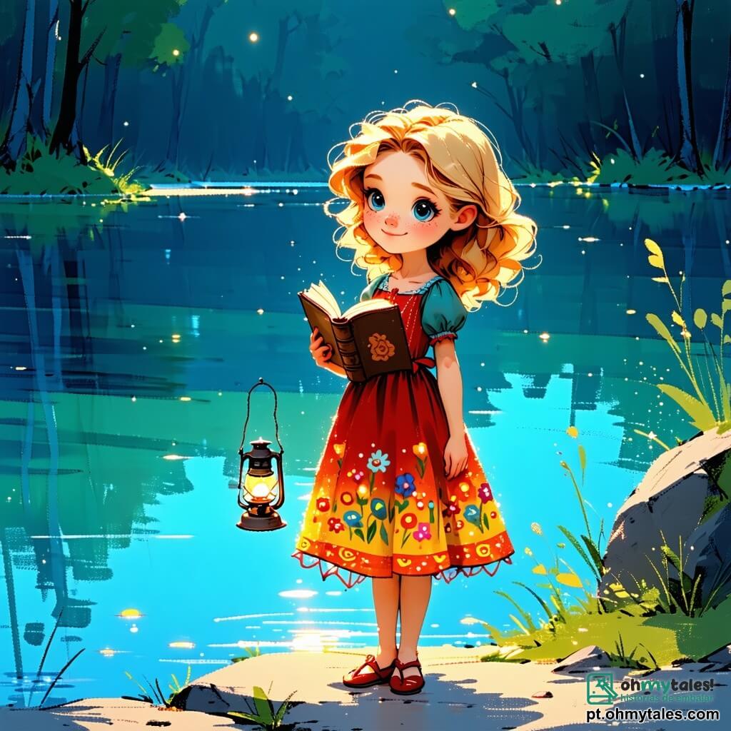 Uma menina de 10 anos, chamada Lila, está à beira de um lago cintilante, com os olhos brilhando de curiosidade e admiração. Ela tem cabelos cacheados e dourados que caem sobre os ombros e veste um vestido colorido com padrões florais. Lila segura uma lanterna em uma mão e um livro antigo na outra, pronta para descobrir os segredos do lago. Ao seu lado, um pequeno esquilo chamado Nutty, com pelagem marrom e um rabo espesso, observa Lila com um sorriso encorajador. Nutty, que parece travesso, está em uma pedra, apontando para os reflexos mágicos na água. O local é uma floresta encantada, com árvores majestosas de folhas douradas e flores coloridas ao redor do lago. Raios de sol filtram-se através dos galhos, criando uma atmosfera mágica e iluminada. A cena principal mostra Lila e Nutty admirando as imagens que dançam na superfície do lago, revelando visões de suas futuras aventuras e da importância da amizade.