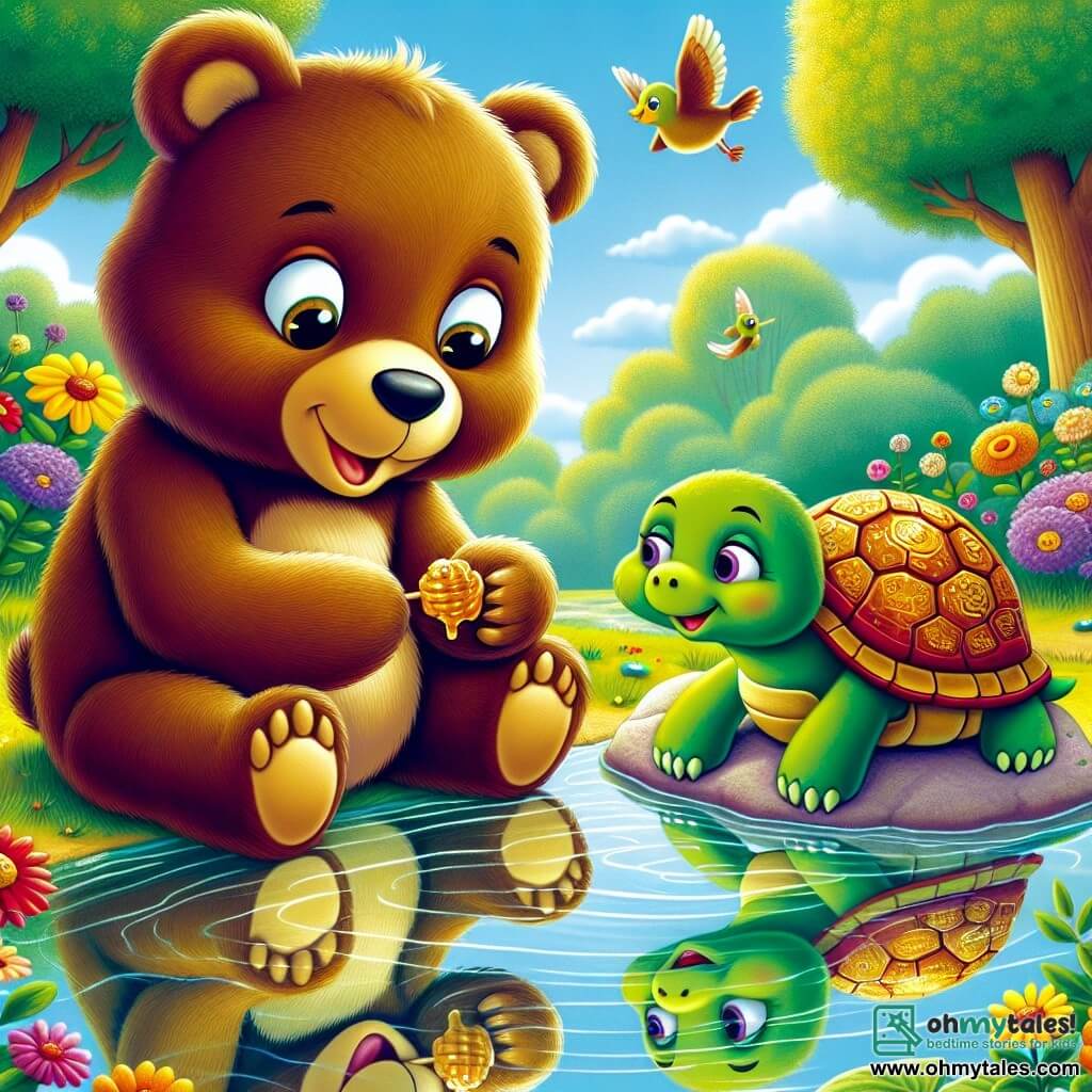 A brown bear named Benny, with soft fur and curious bright eyes, is sitting by a sparkling pond, a joyful smile on his face. He holds a small honey sandwich in his paws, gazing at the reflections in the water with wonder. Next to him, a wise turtle named Tilly, with a green shell adorned with golden patterns, smiles gently, her eyes sparkling with wisdom. She is perched on a smooth rock, listening attentively to Benny. The setting is a sunny meadow, surrounded by colorful flowers dancing in the wind, with majestic trees in the background, their leaves rustling softly. The main scene shows Benny discovering the secret of happiness, listening to Tilly's advice, while birds sing joyfully in the branches above them.