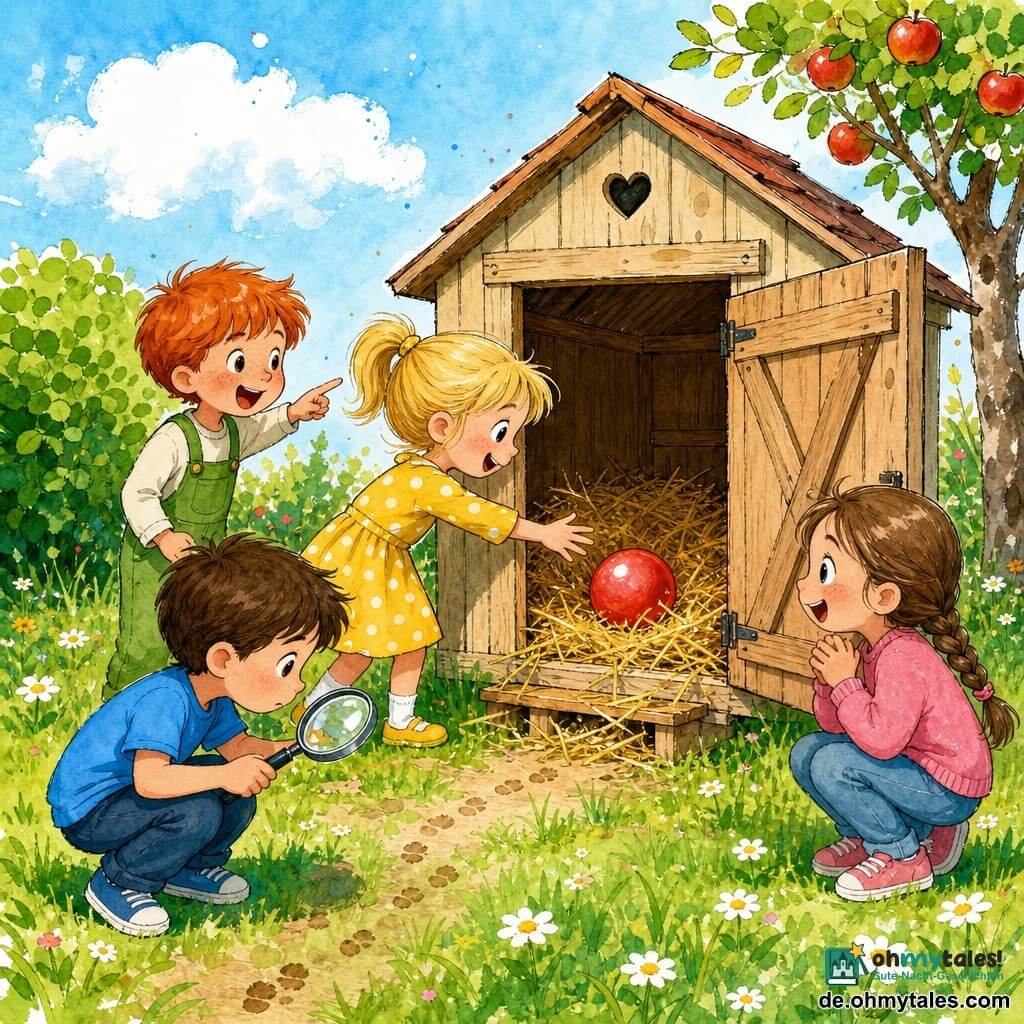Vier Kinder: Lisa (Mädchen, ~6 Jahre) mit blonden Zöpfen und gelbem gepunktetem Kleid in der Mitte, streckt die Hand zu einem roten Ballon auf Stroh; Ben (Junge, ~6) links, braune kurze Haare, blaues T‑Shirt, hockt mit einer Lupe wie ein kleiner Detektiv; Emma (Mädchen, ~5) rechts, kastanienbraune geflochtene Haare, rosa Pullover, Hände gefaltet, staunender Blick zum Ballon; Max (Junge, ~6) hinten, rote Haare, grüne Latzhose, zeigt lachend auf den Hühnerstall. Ort: heller Bauernhofgarten mit grüner Wiese und Gänseblümchen, beige Holzhühnerstall mit offener Tür und goldenem Stroh, runder Strauch links, Apfelbaum rechts, hellblauer Himmel mit weichen weißen Wolken. Szene: die vier kleinen Ermittler haben einen roten Ballon neben einer braunen Henne gefunden, fröhlich-neugierige Stimmung; sichtbare Details: zerknittertes Stroh, kleine Fußspuren, glänzende Lupe, erstaunte Mienen; leuchtende Farben, klare Konturen, warmer, einfacher, farbiger Tusche‑Stil.