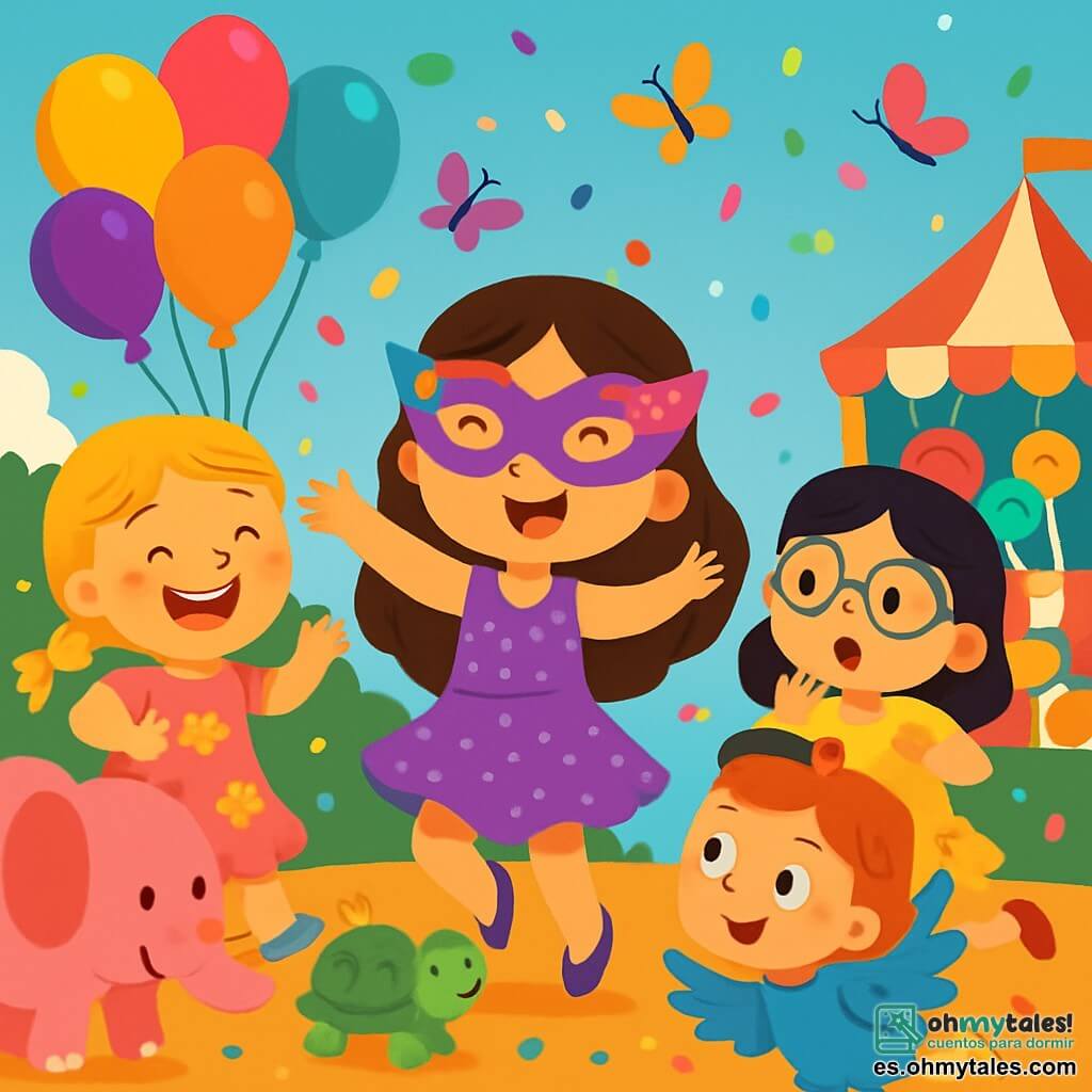Hay 4 niños: Ana, una niña de 8 años con largos cabellos castaños y ojos brillantes, lleva un bonito disfraz de carnaval violeta con purpurina y una máscara colorida, bailando alegremente en el centro de la imagen. María, una niña de 7 años con trenzas rubias y una sonrisa radiante, viste un vestido rosa con flores y sostiene globos multicolores, riendo a la izquierda de Ana. Luisa, una niña de 8 años con cabello negro y gafas redondas, lleva un disfraz de carnaval amarillo con estrellas brillantes y hace un gesto de sorpresa a la derecha de Ana. Sofía, una niña de 6 años con rizos pelirrojos y ojos verdes, viste un disfraz azul con plumas y baila alrededor de Ana, añadiendo energía a la escena. La situación principal ocurre en un carnaval mágico, lleno de colores vivos y luces brillantes, con globos flotando en el cielo azul, confeti cayendo y puestos de golosinas coloridas al fondo. Los cuatro amigos bailan juntos, rodeados de risas, música y magia, disfrutando de un momento de felicidad y asombro al descubrir un elefante rosa y una tortuga sonriente.